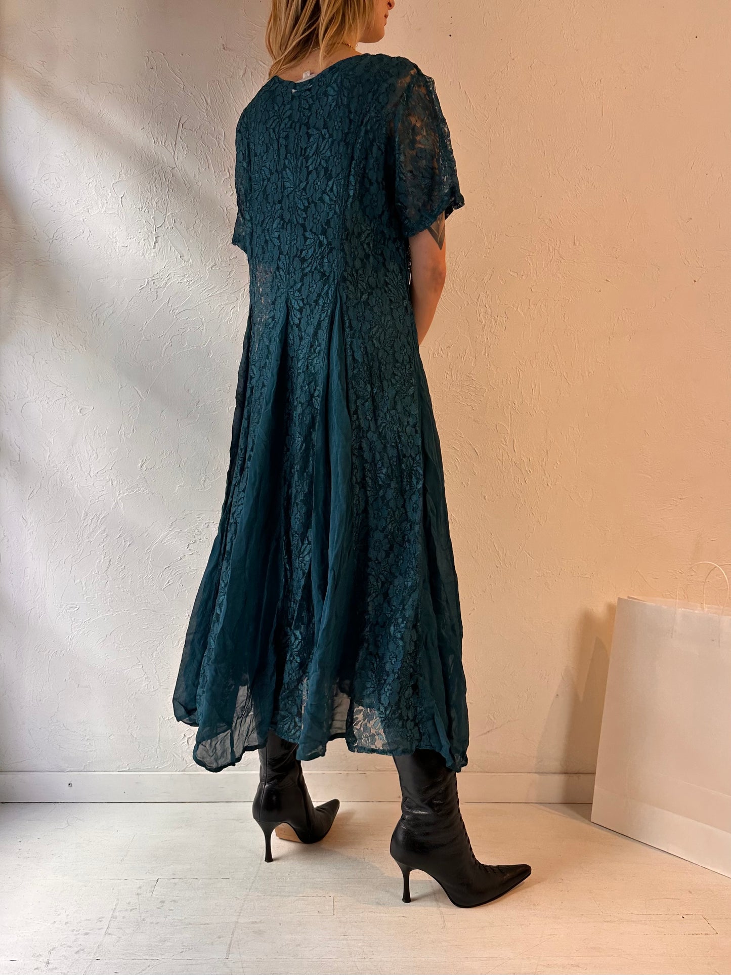 90s 'Emblem' Blue Green Rayon Lace Dress / Small