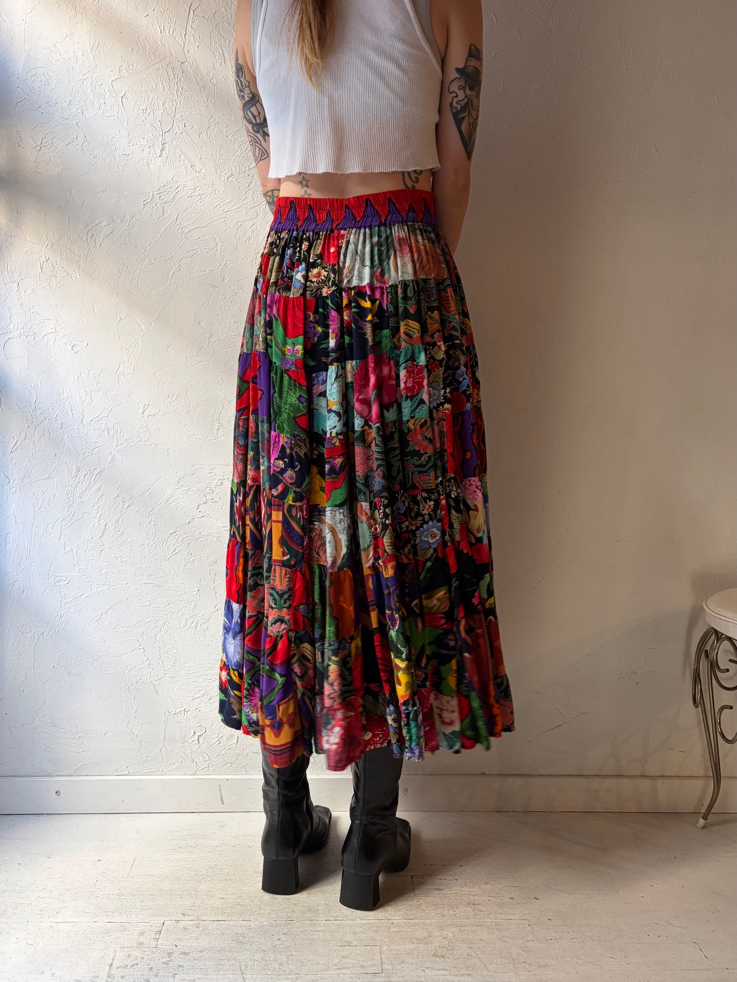 90s 'Billa' Patchwork Rayon Skirt / Small