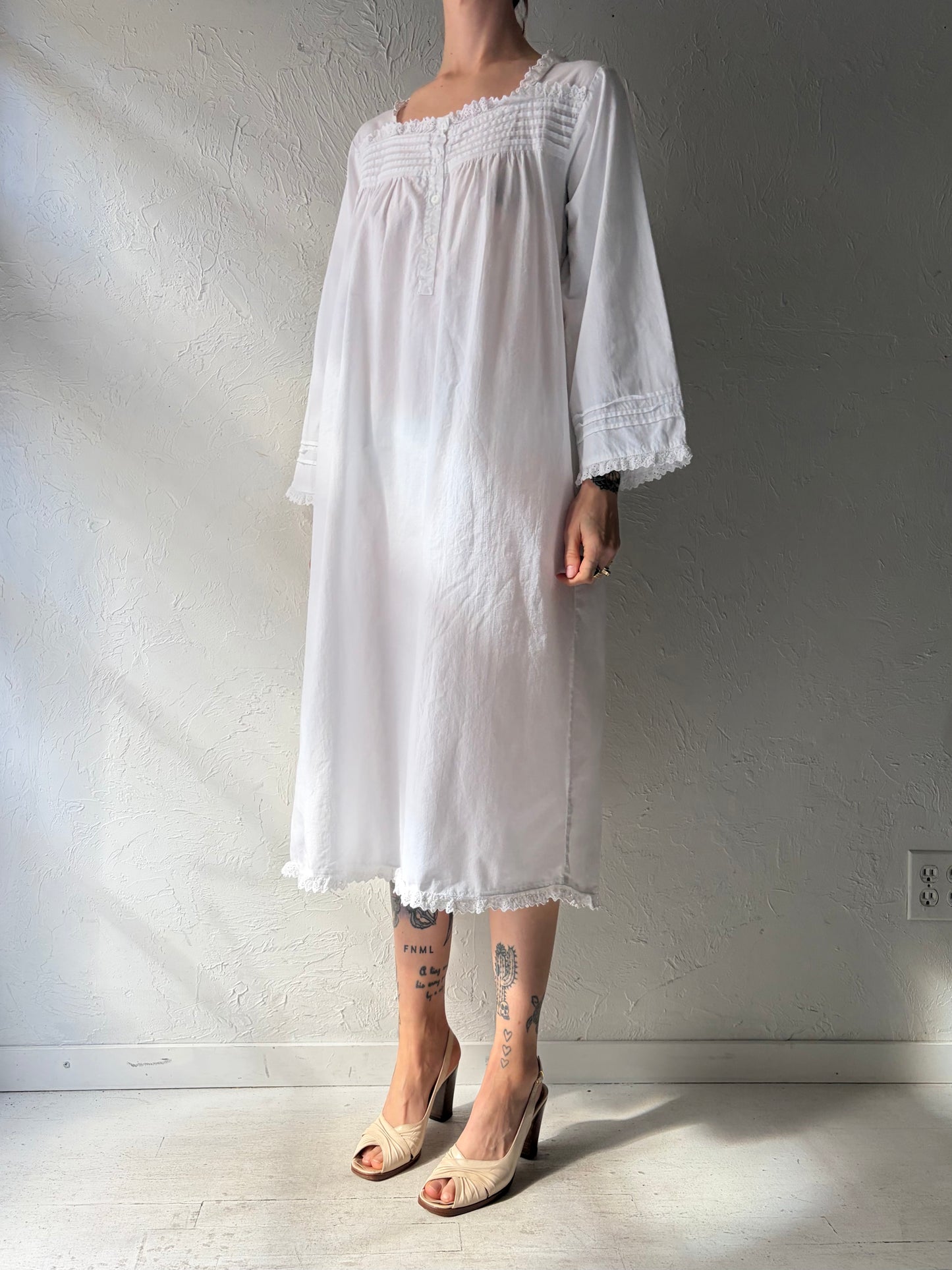 90s 'Nice N Comfy' White Long Sleeve Nightgown Dress / Vintage Cotton Nighty Dress /Large