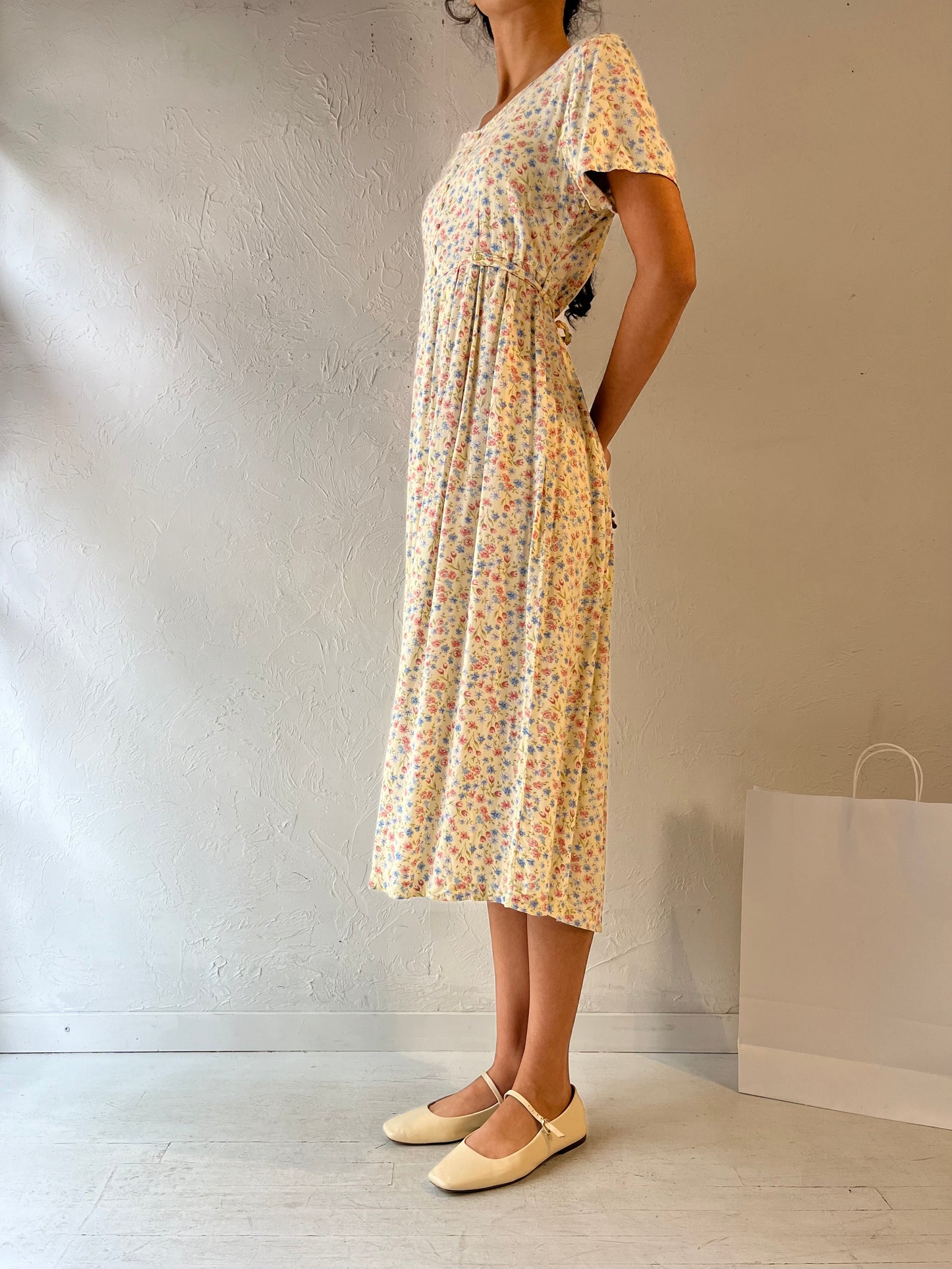 90s 'Erika' Pale Yellow Floral Print Rayon Dress / Medium