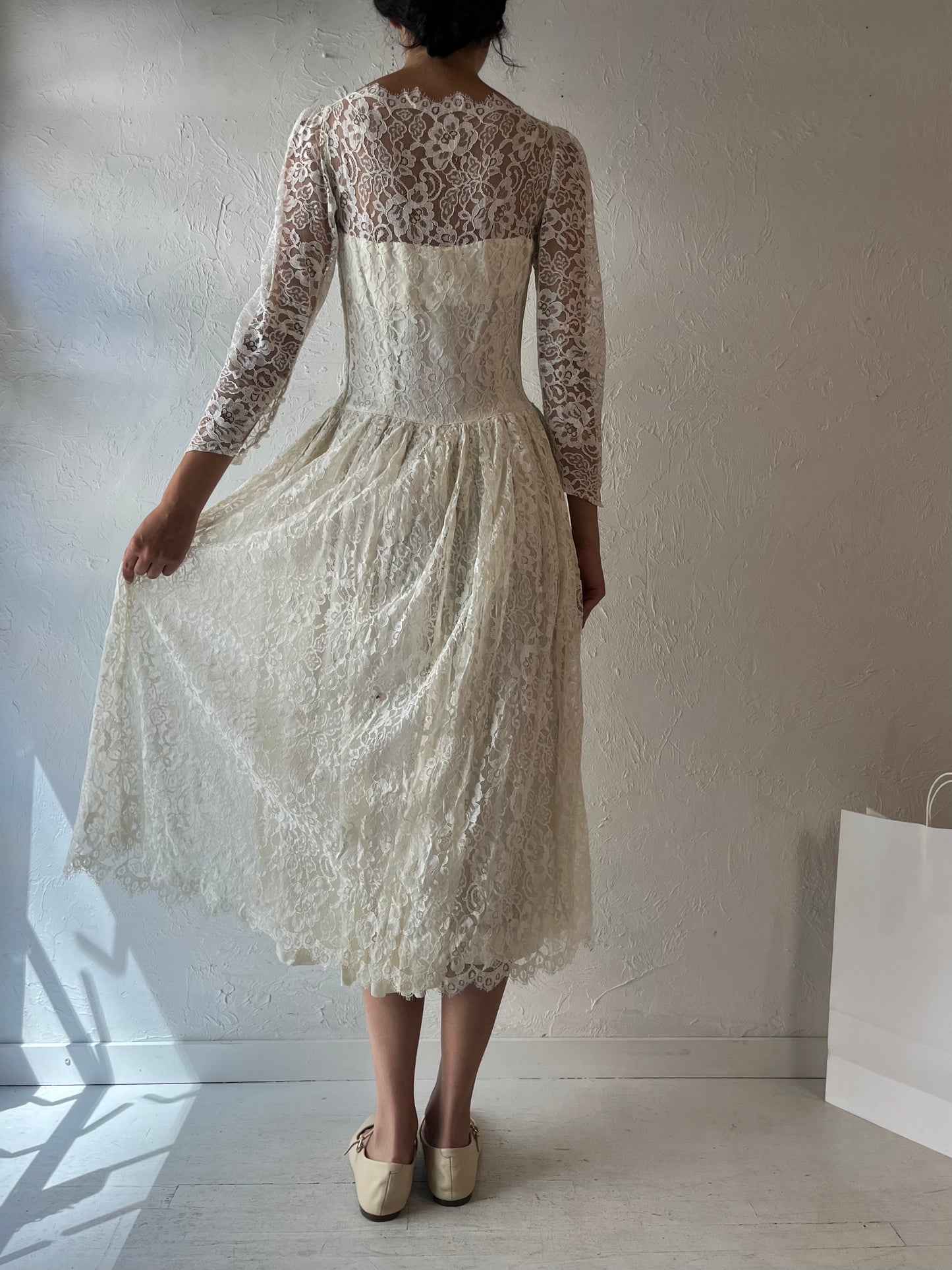 Vintage Handmade White Lace Wedding Dress / Small