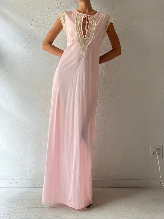 80s 'Tall Girl' Pale Pink Romantic Nylon Lingerie Slip Dress / Small