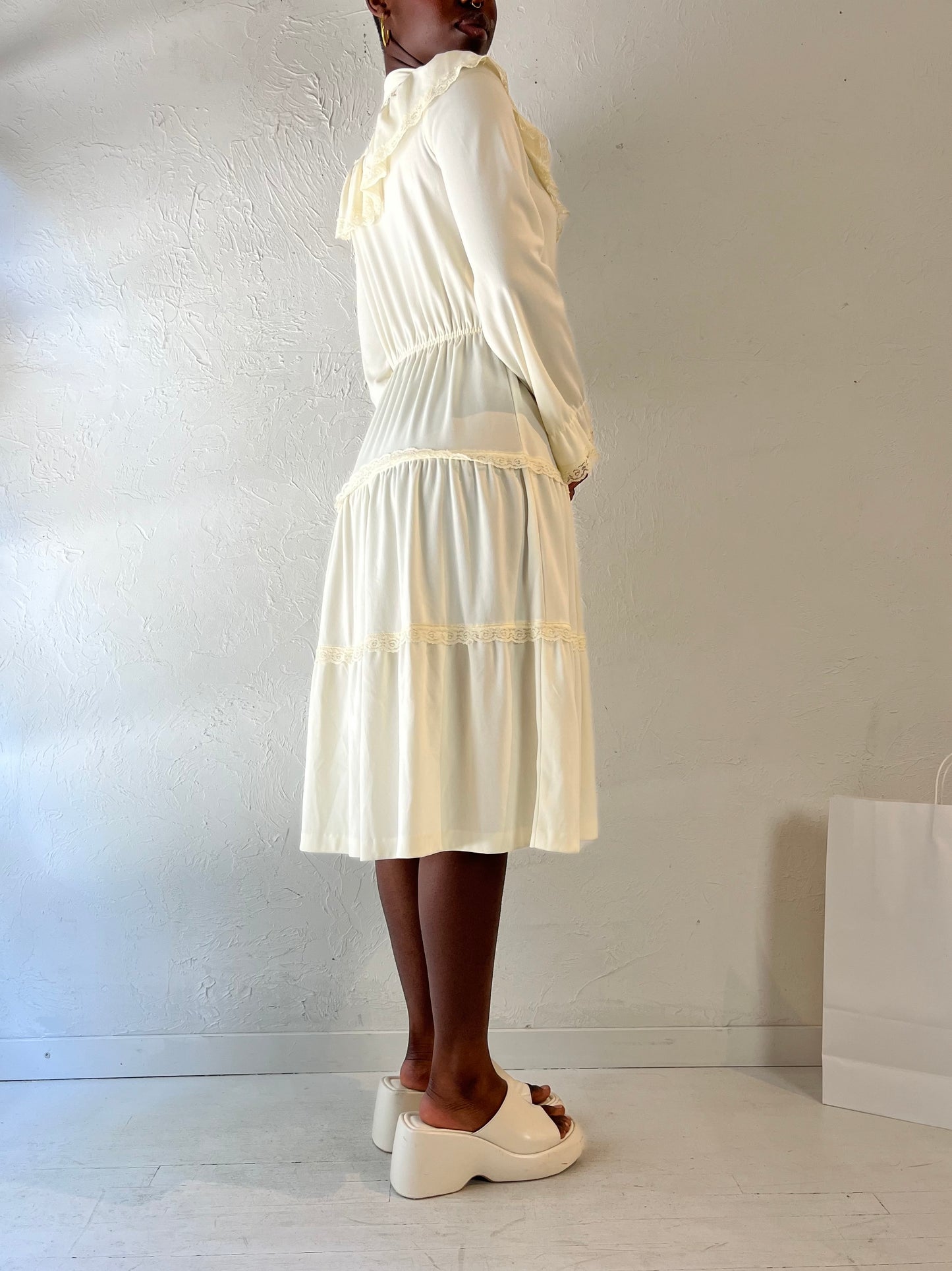 70s 'Montgomery Ward' Off White Peasant Dress / Small - Medium