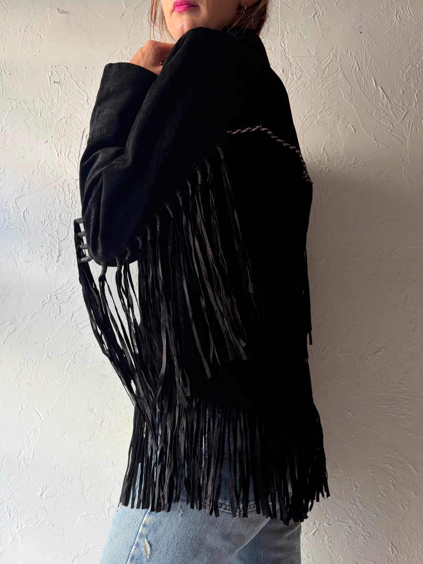 90s 'Pioneer Wear' Black Suede Leather Fringe Jacket / Medium