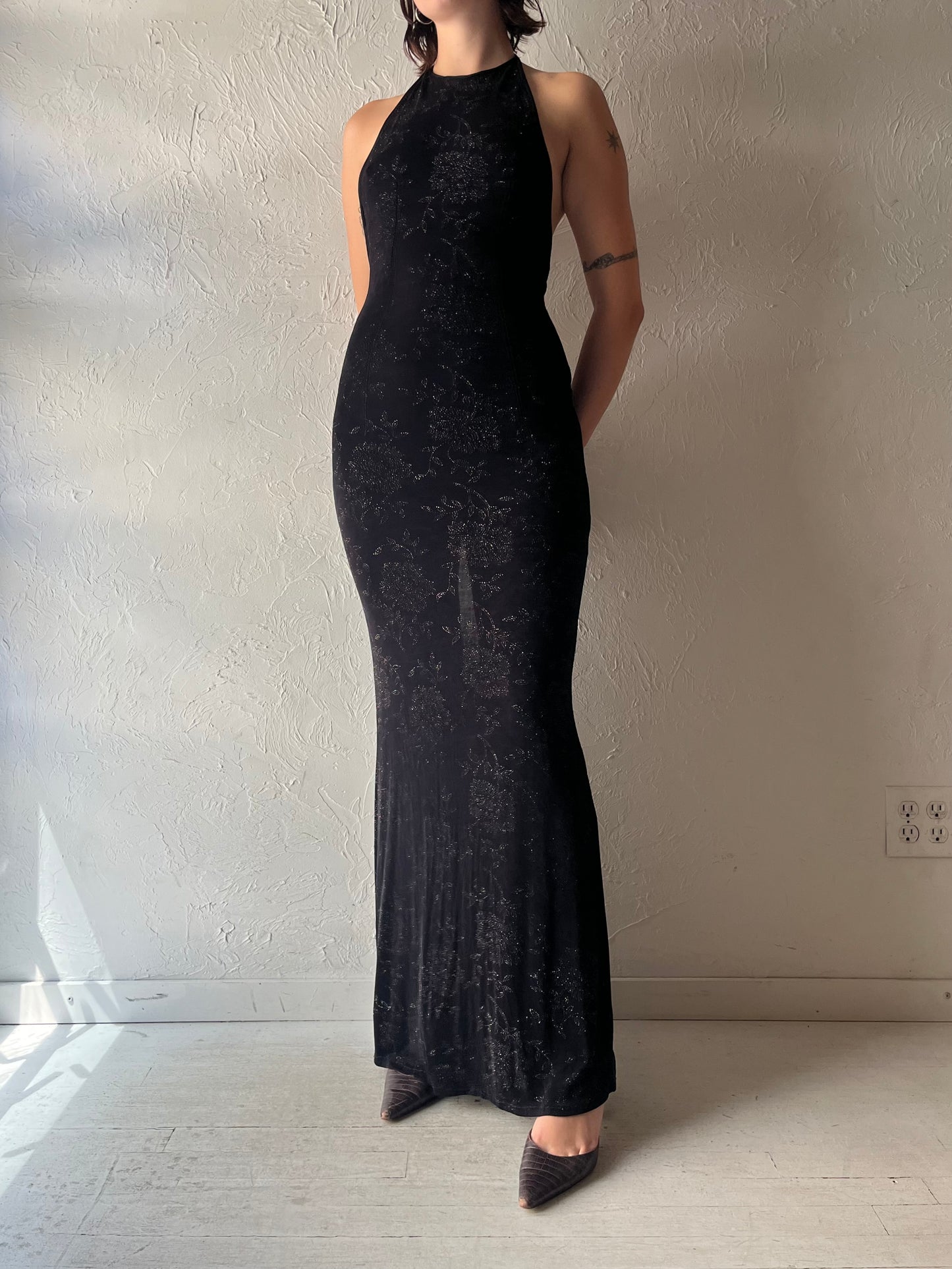 Vintage Black Sparkly Floral Retro Halter Fitted Formal Maxi Dress / Small - Medium