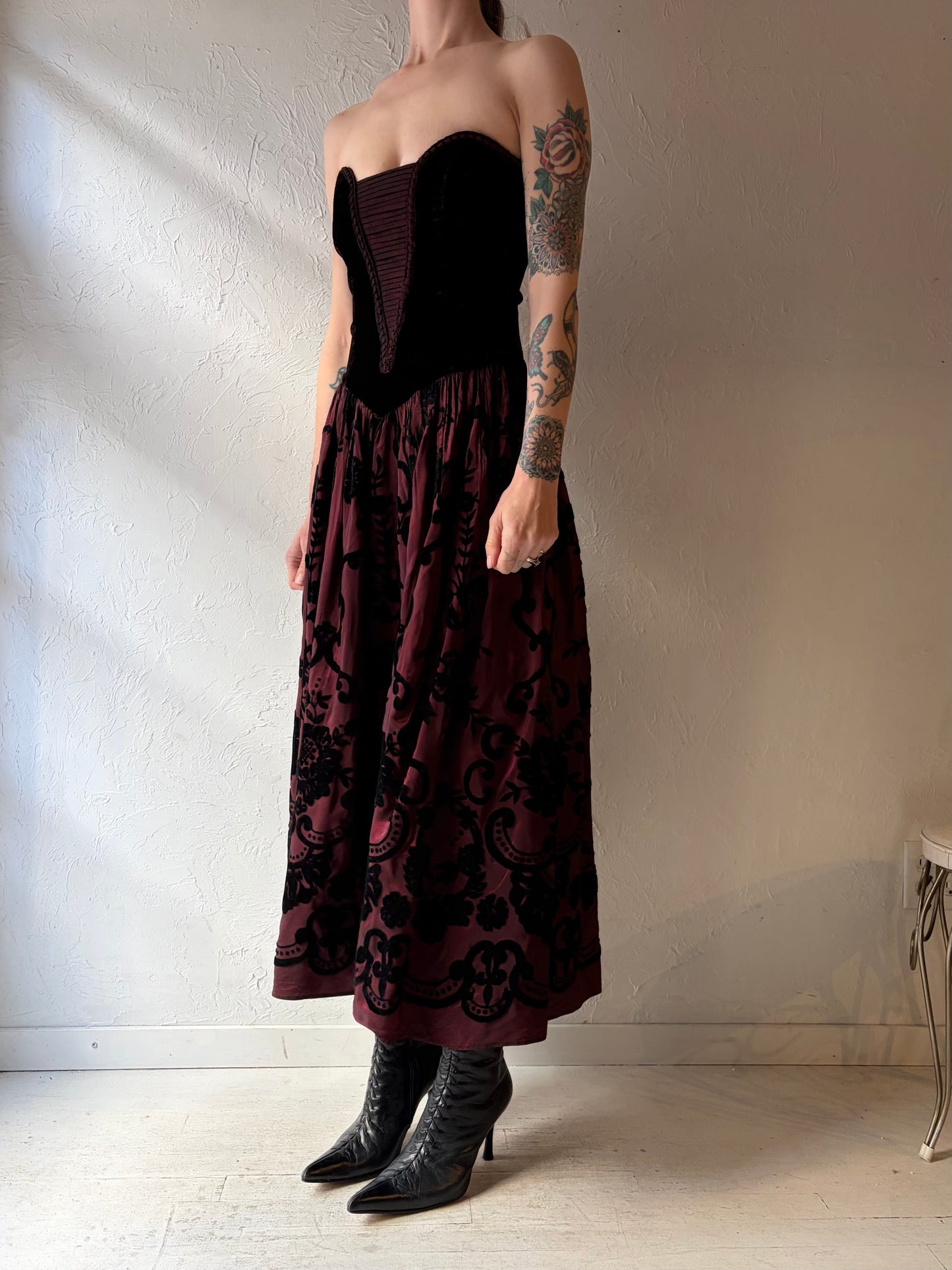 80s 'Scott McClintock' Strapless Burnt Velvet Formal Dress / Small
