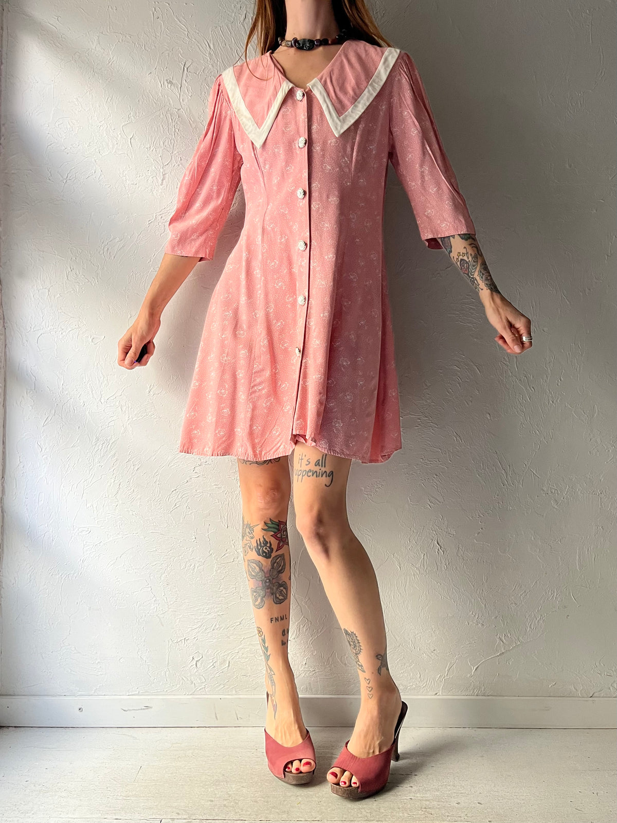 90s 'Paquette' Pink Collared Button Up Retro Dress / Medium