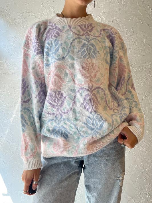 90s 'Classic Essentials' Floral Knit Sweater / Medium