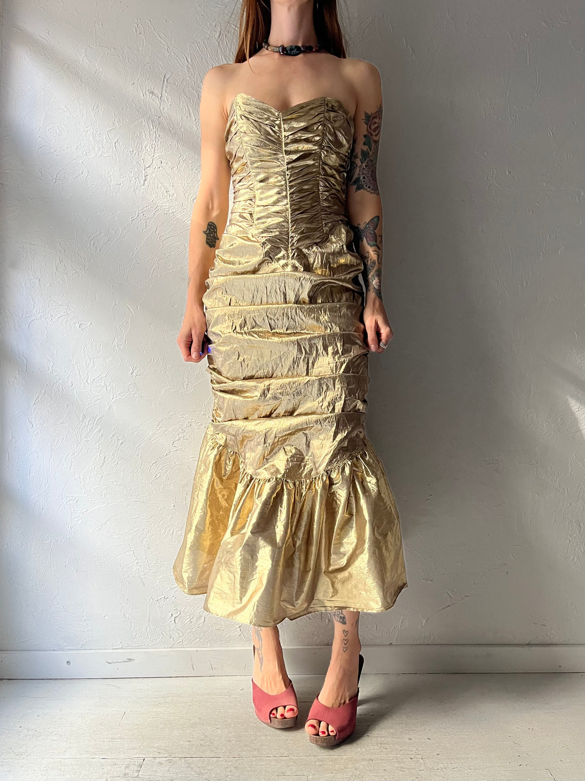 80s 'Gunne Sax' Gold Metallic Retro Formal Party Cocktails Dress / Small