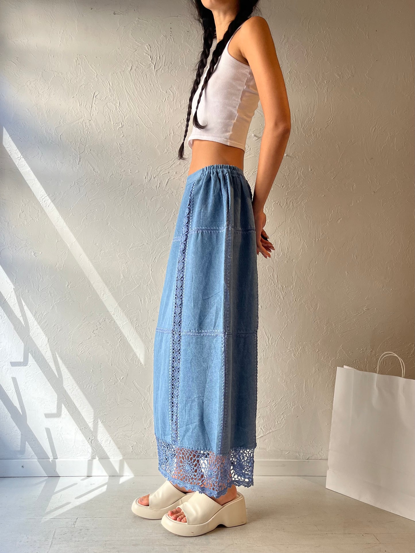 90s 'Kroshetta' Denim Maxi Skirt / Medium