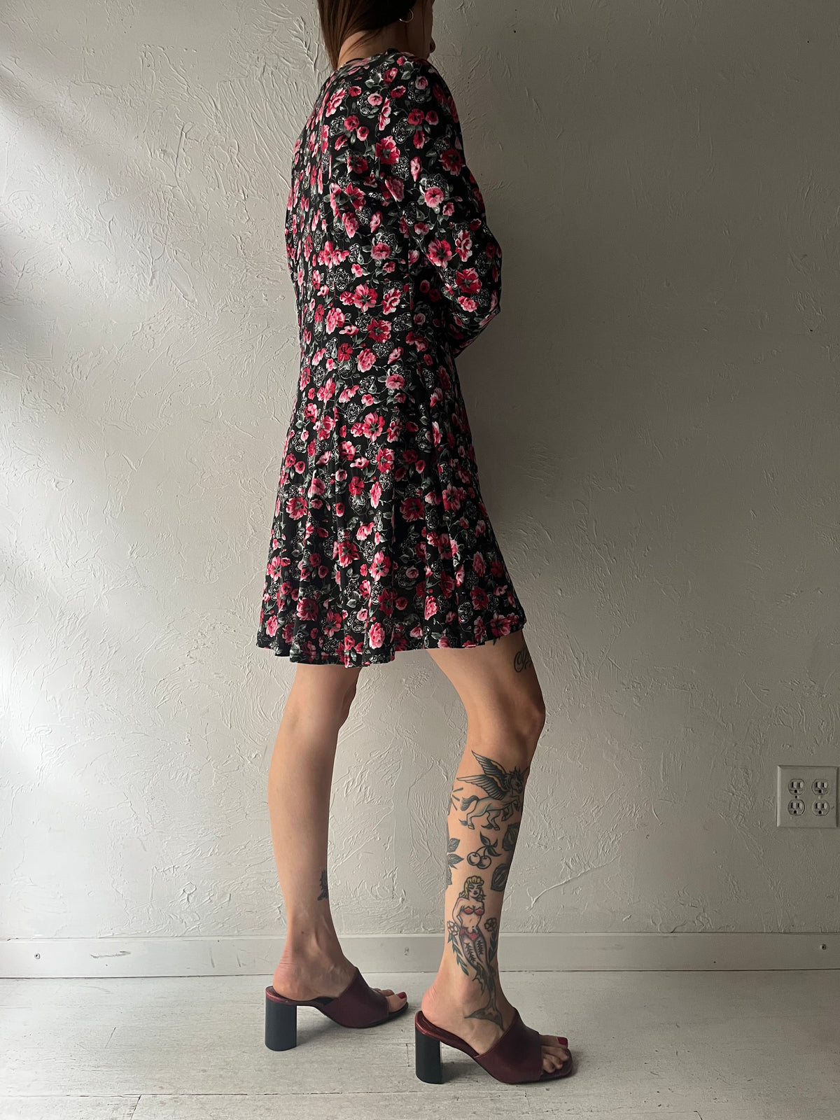 90s 'Jappa' Collared Long Sleeve Floral Mini Dress / Medium