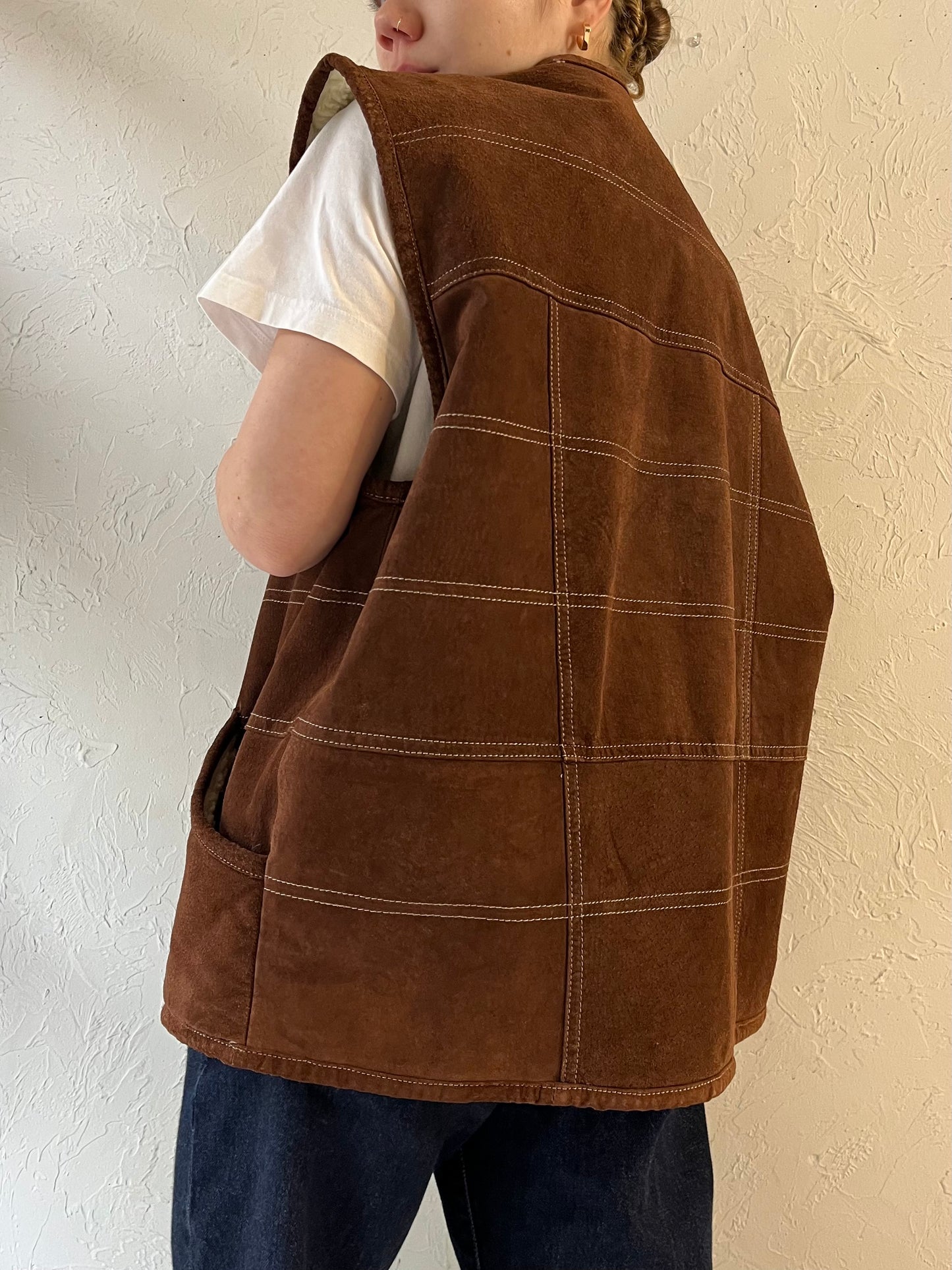 Vintage Brown Suede Shearling Vest / Large