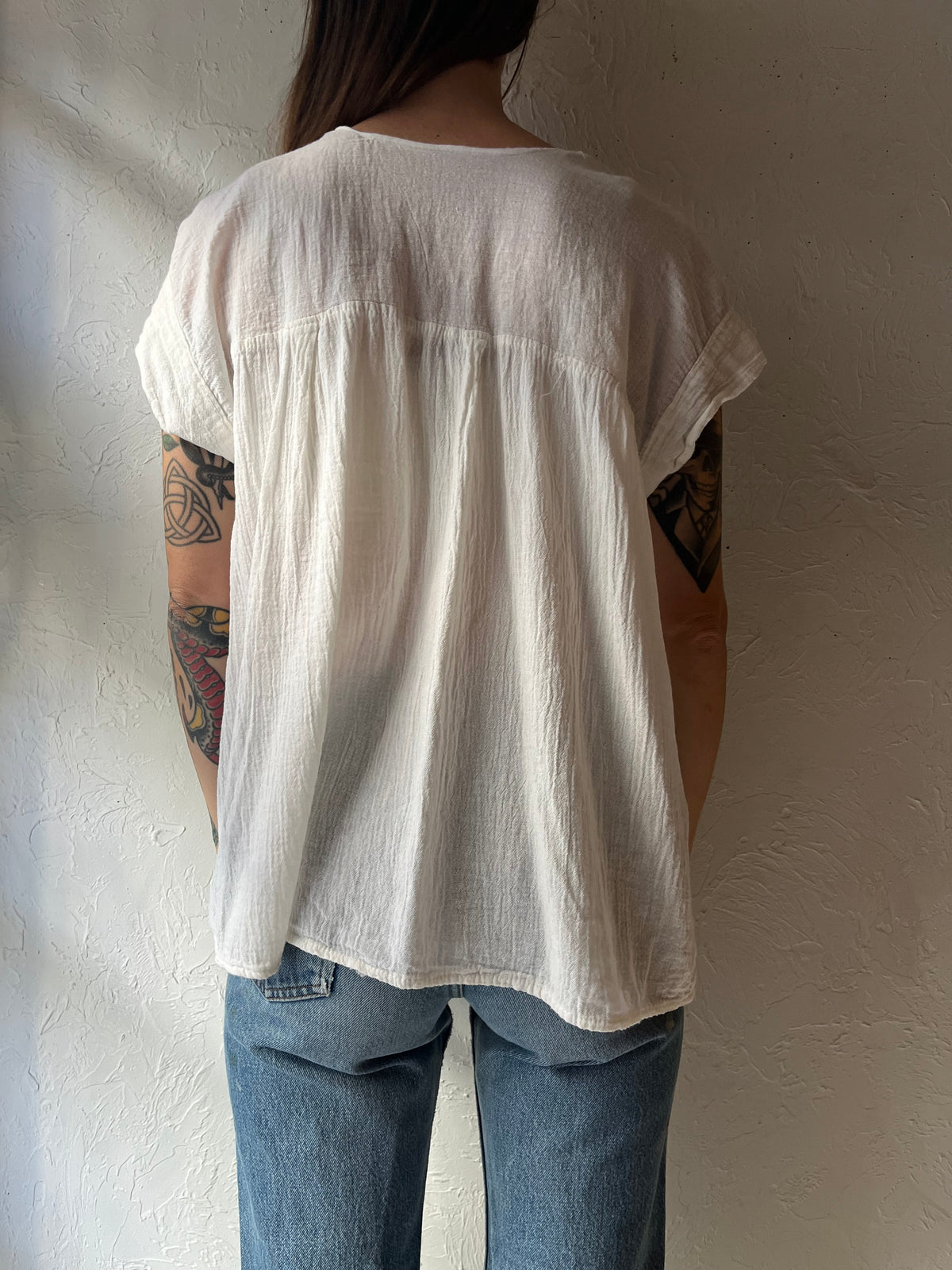 Vintage White Cotton Gauze Crochet Hippie Top / Medium