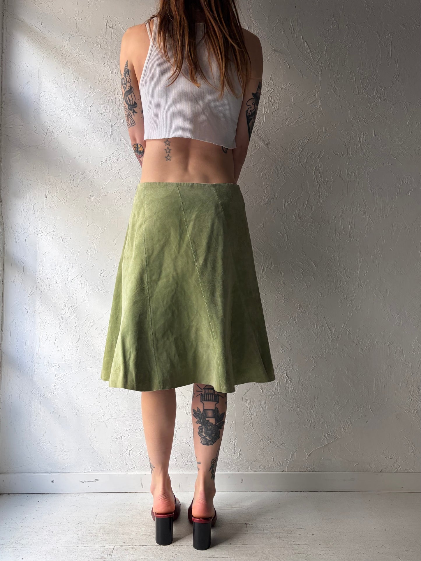 Y2k 'Wear Else' Green Suede Sprint Midi Skirt / Medium