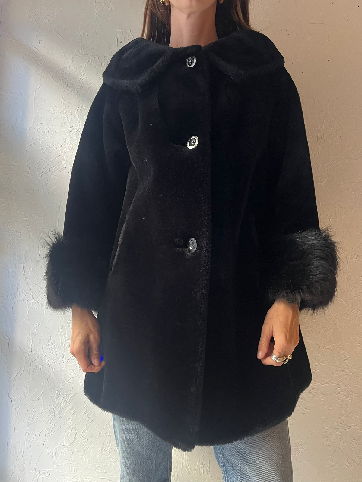 80s ‘Glamasale’ Black Faux Fur Mob Wife Glam Winter Outerwear Jacket / Small