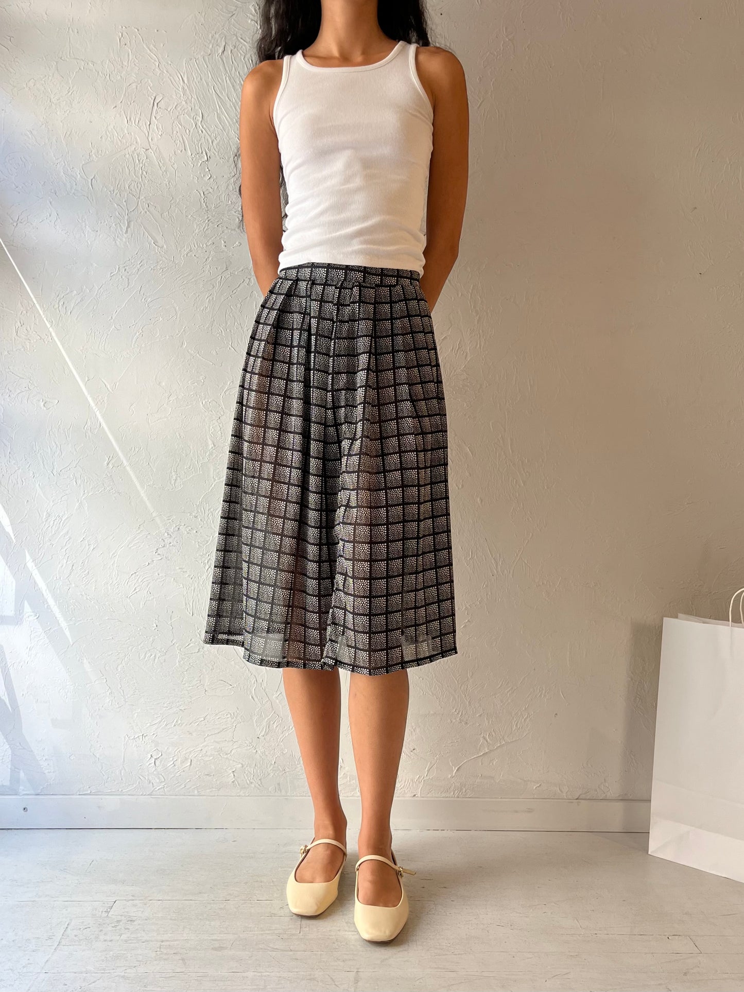 90s 'SM' Light Weight Pleated Check Midi Skirt / Small