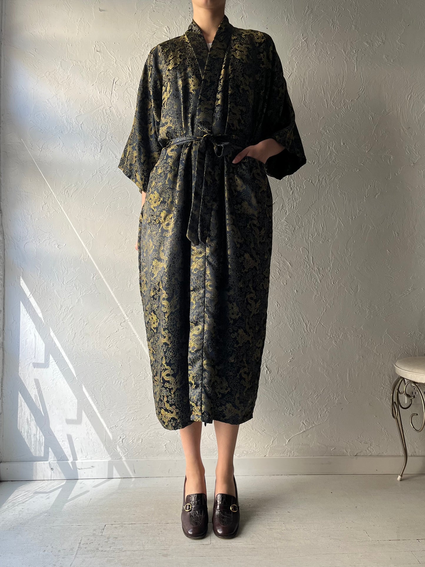 Vintage Dragon Print Robe / Navy Kimono Style Robe / Large