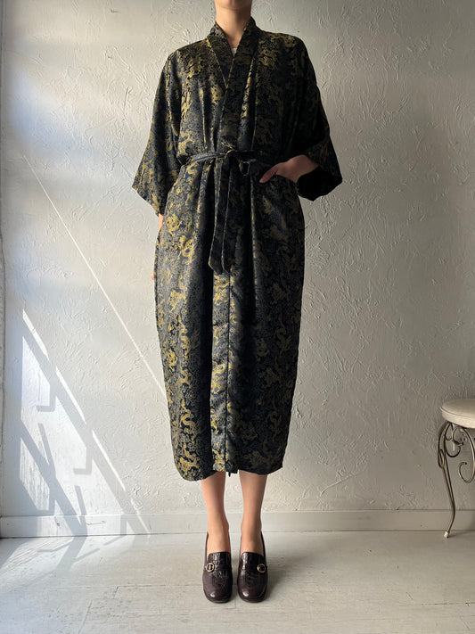 Vintage Dragon Print Robe / Navy Kimono Style Robe / Large