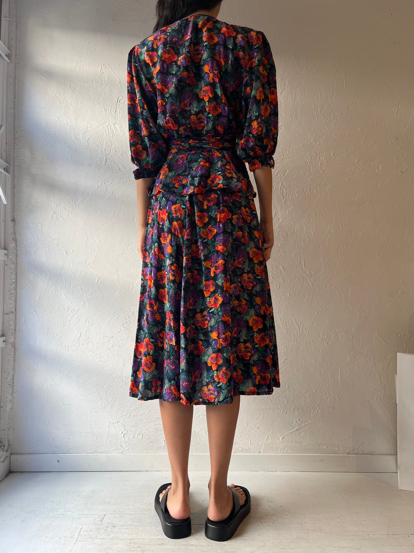 80s 'Jaegar' Floral Print Midi Dress / Small