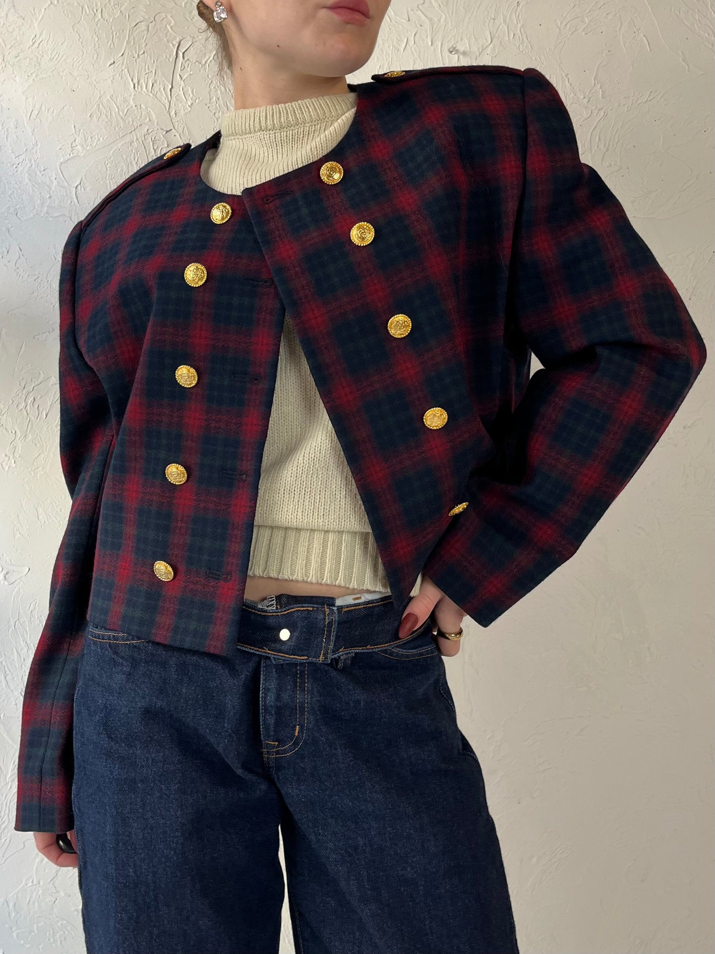 90s JH Collectibles’ Cropped Wool Plaid Jacket / Medium