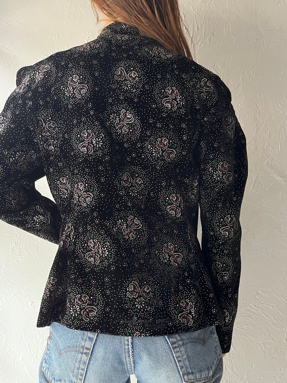 90s ‘Another Thyme’ Black Floral Brocade Mandarin Collar Jacket Vintage Romantic Gothic Statement Blazer / Medium