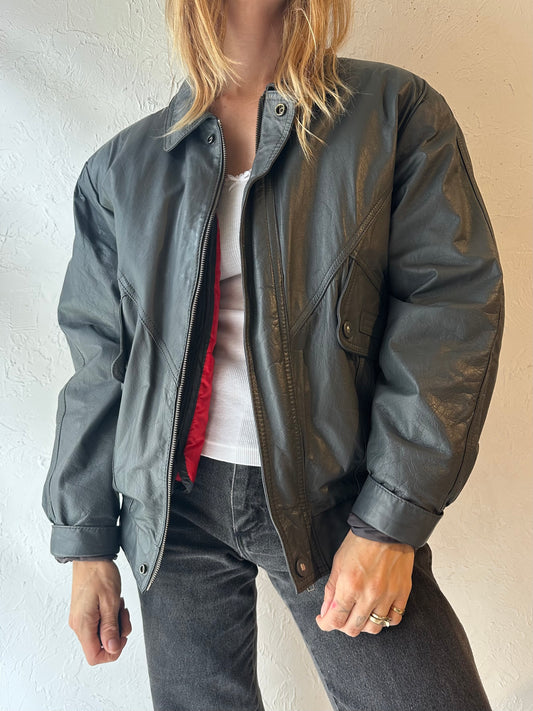 90s ‘Boulevard Club’ Gray Leather Bomber Jacket / Medium