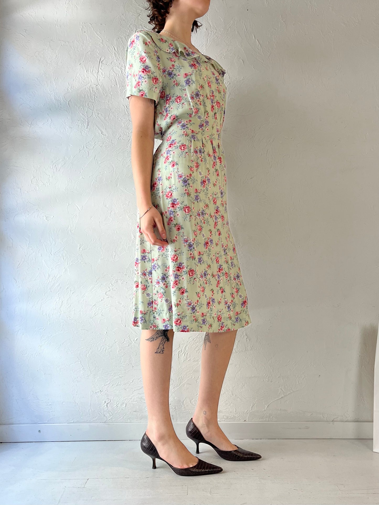 90s 'R&K' Green Floral Rayon Midi Dress / Large