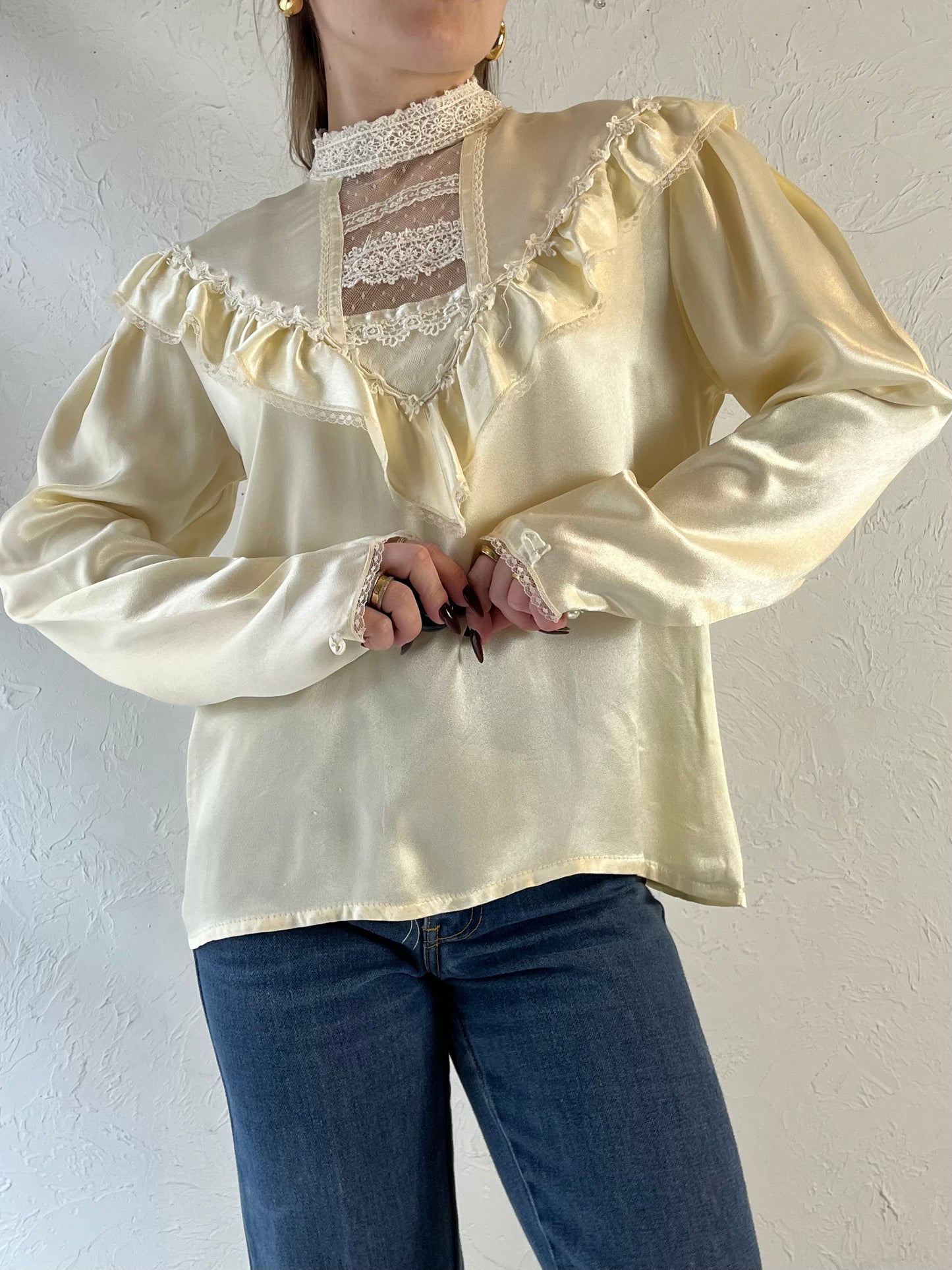 70s ‘Jessica Gunnies’ Cream Silky Peasant Blouse / Small - Medium