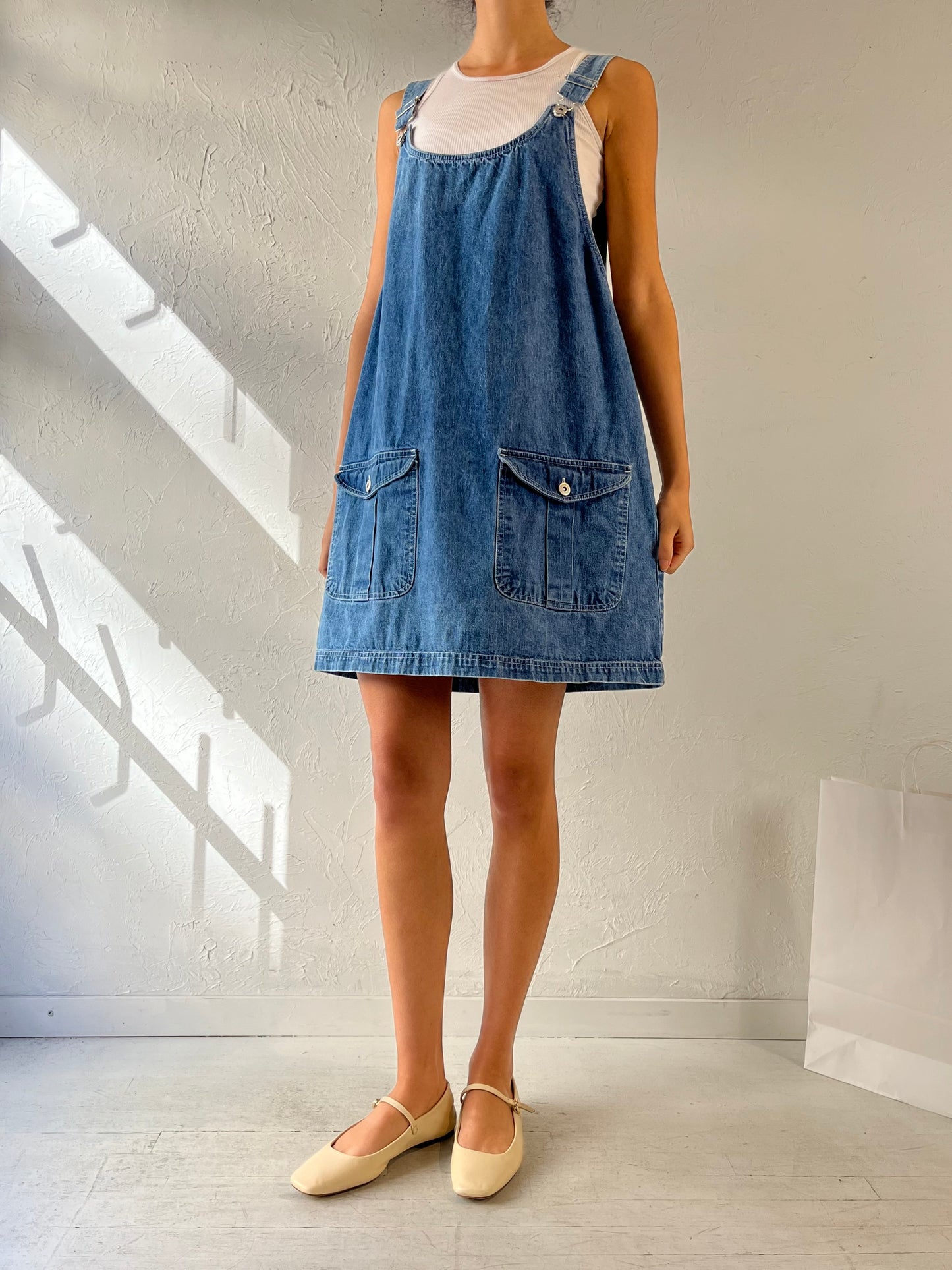 90s ‘Faded Glory’ Denim Mini Overall Dress / Medium