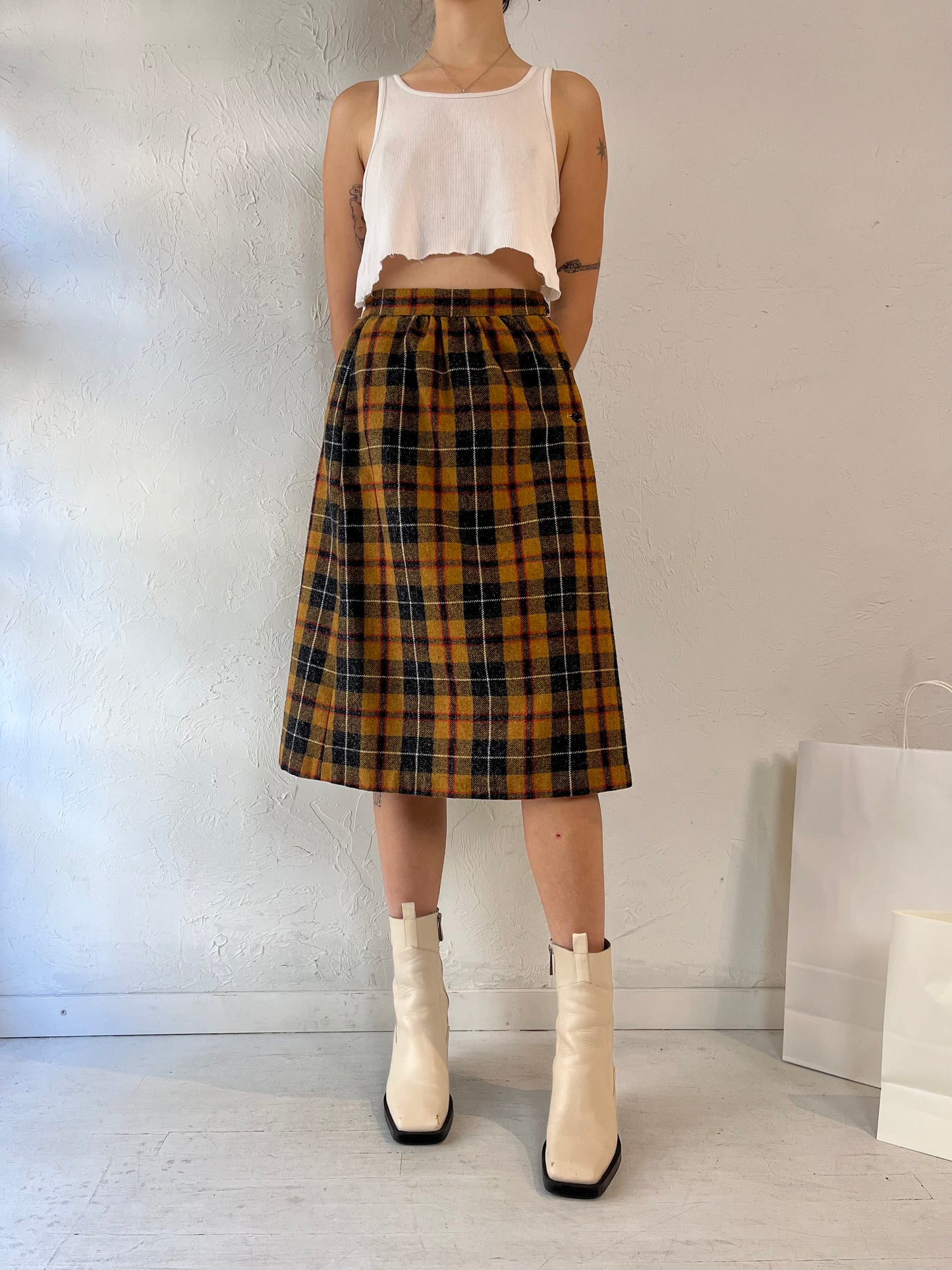 80s Yellow Plaid Midi Skirt / XS