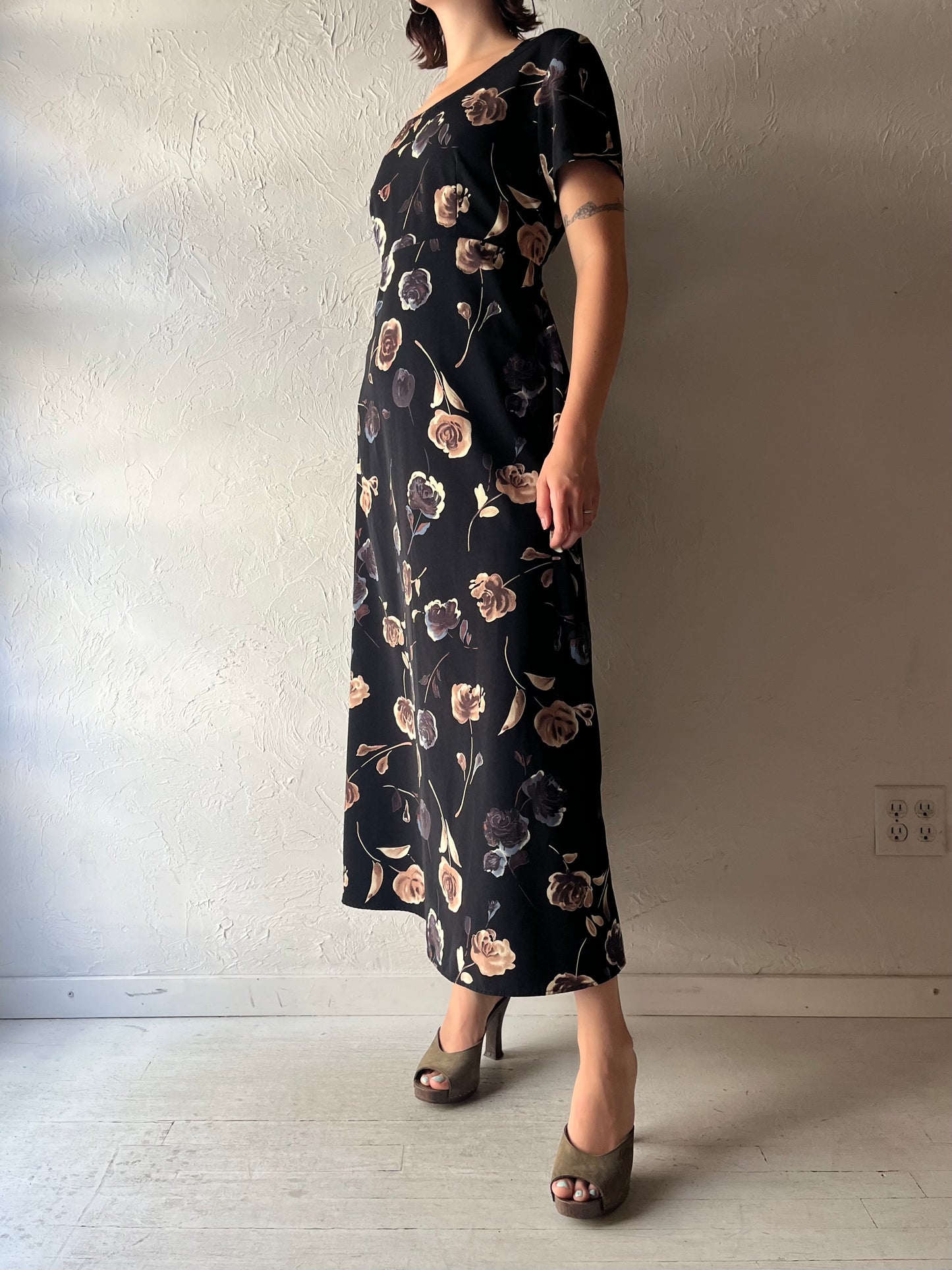 90s 'Savannah' Black Floral Maxi Dress / Large