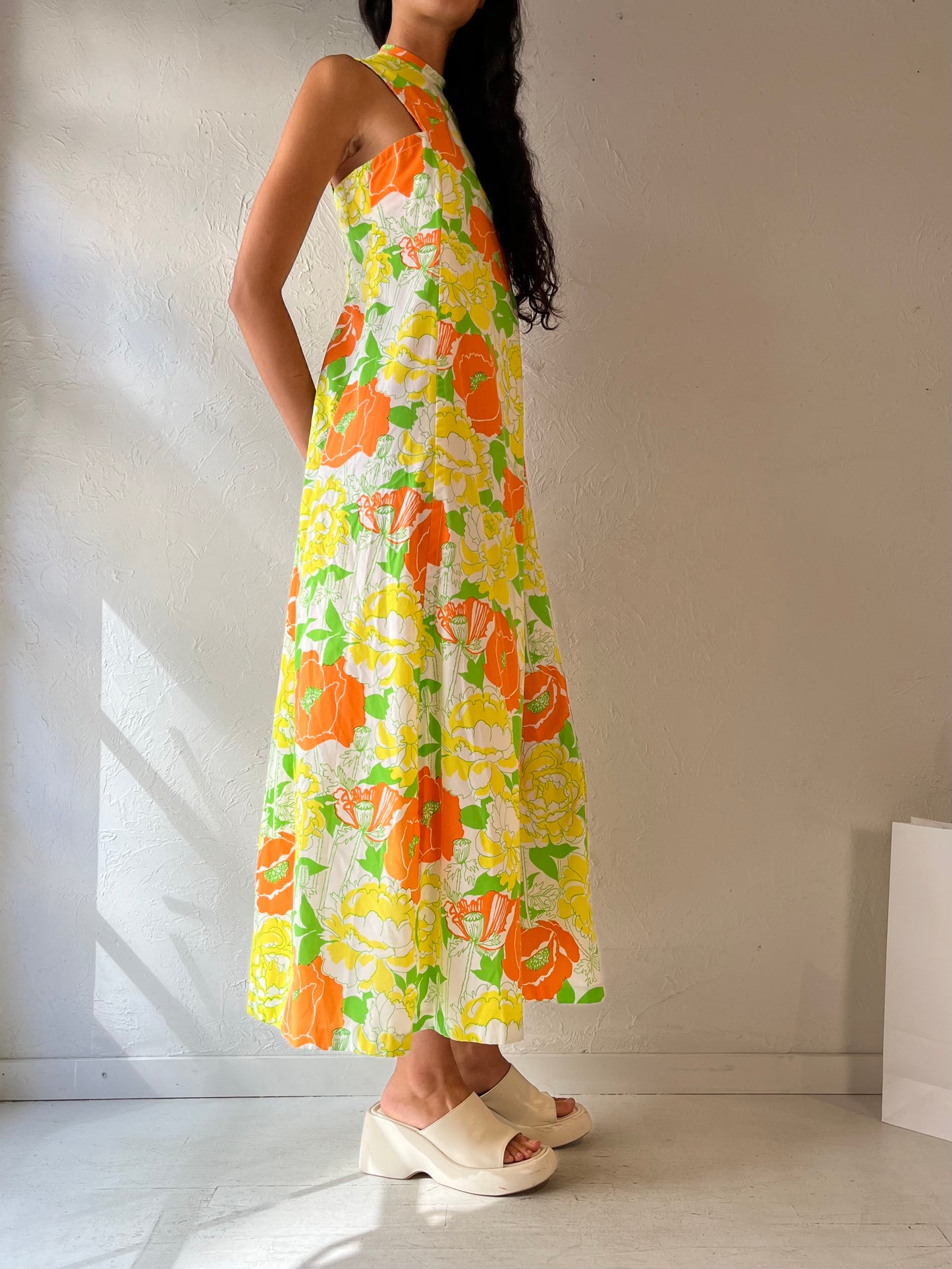 Vintage Handmade Retro Neon Floral Print Maxi Dress / Small