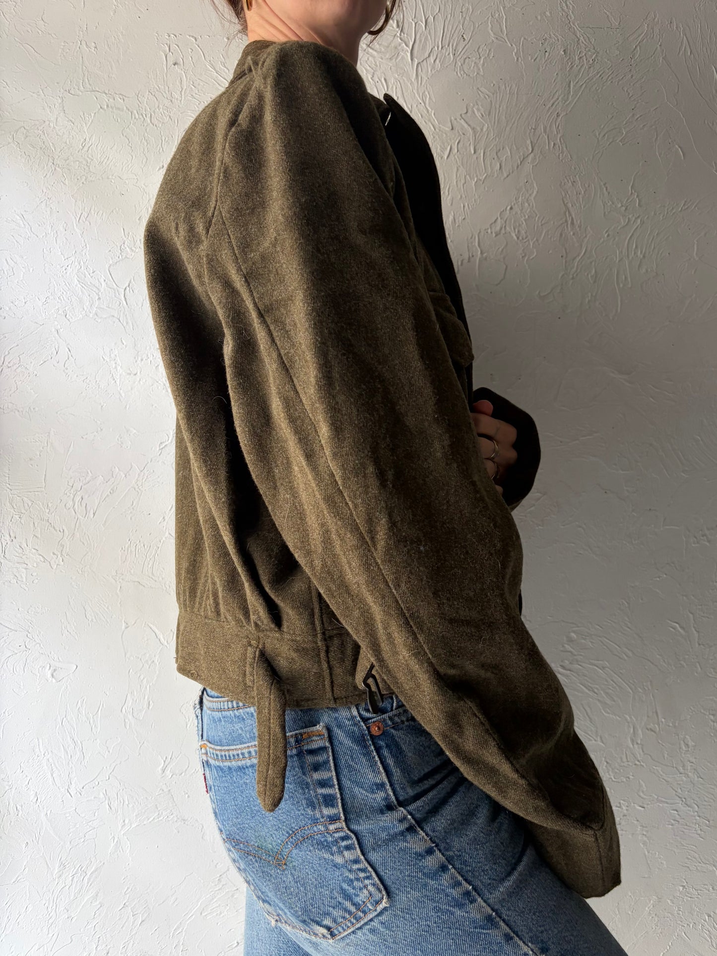 50s Authentic Army Cropped Green Wool Jacket / Vintage 1950 Military Retro Utility Wool Jacket / Medium