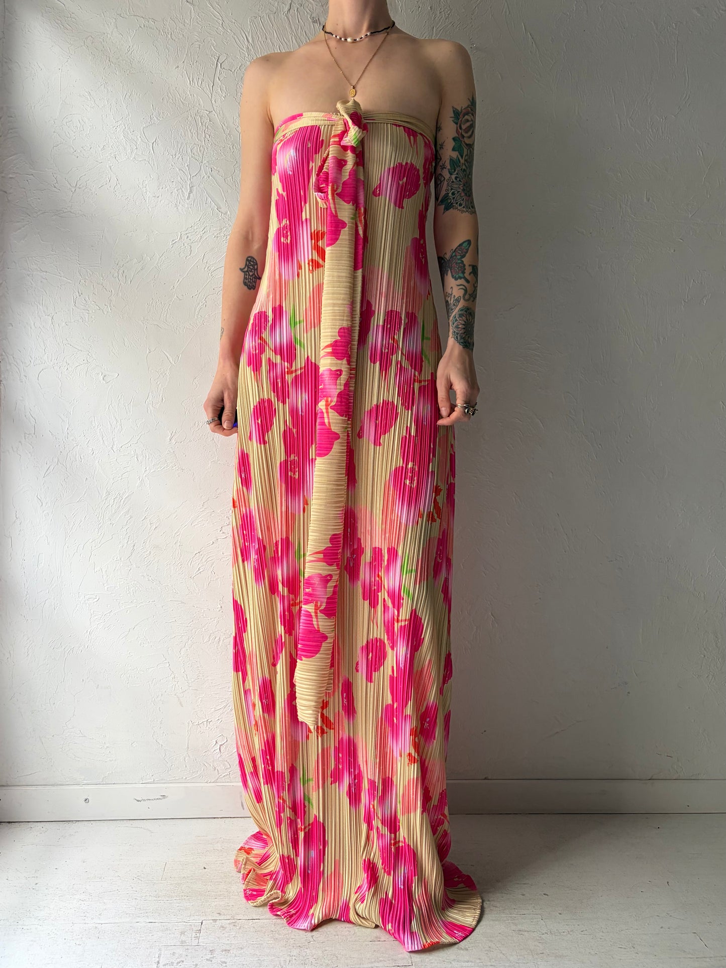 Vintage Handmade Floral Summer Dress / Boho Floral Ribbed Formal Gown / Medium