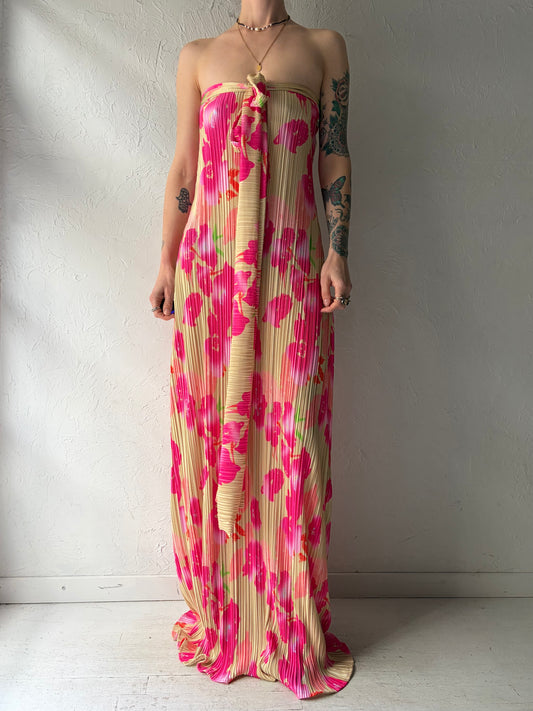 Vintage Handmade Floral Summer Dress / Boho Floral Ribbed Formal Gown / Medium