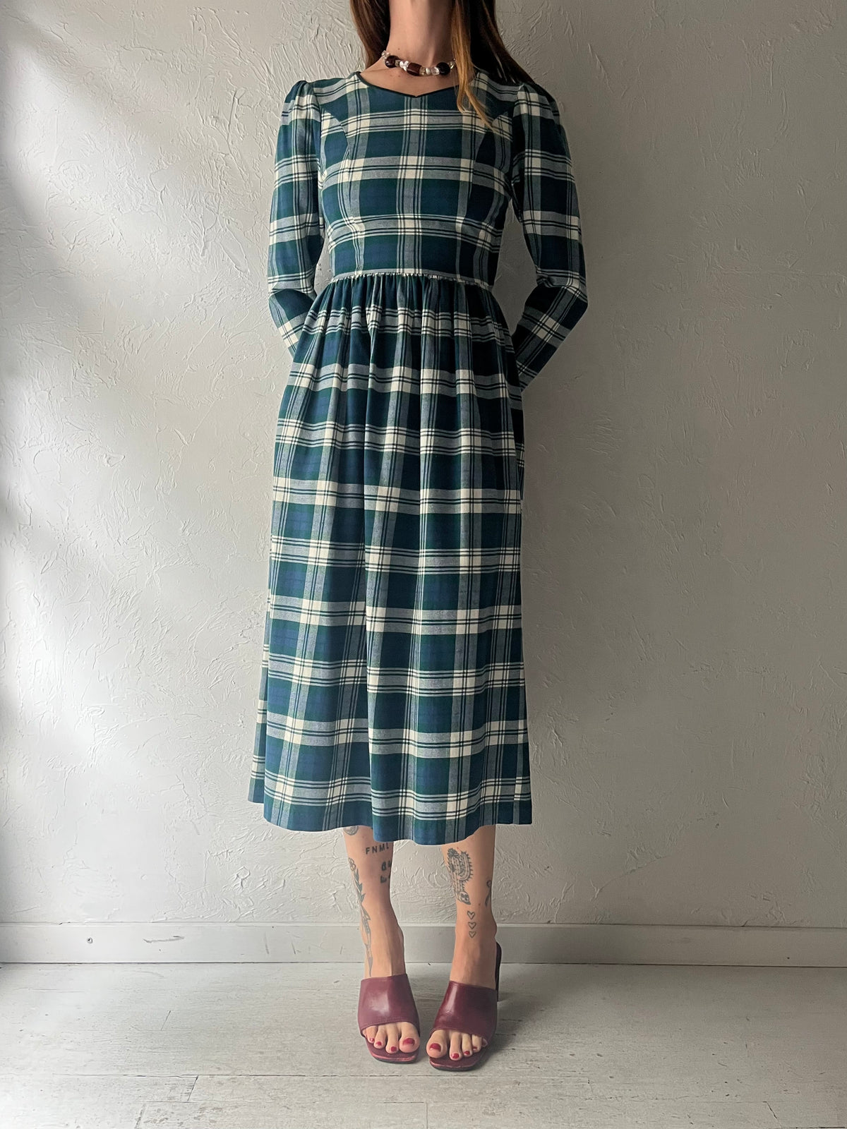 90s 'Laura Ashley' Blue & Green Plaid Academia Grungecore Fall Midi Dress / XSmall