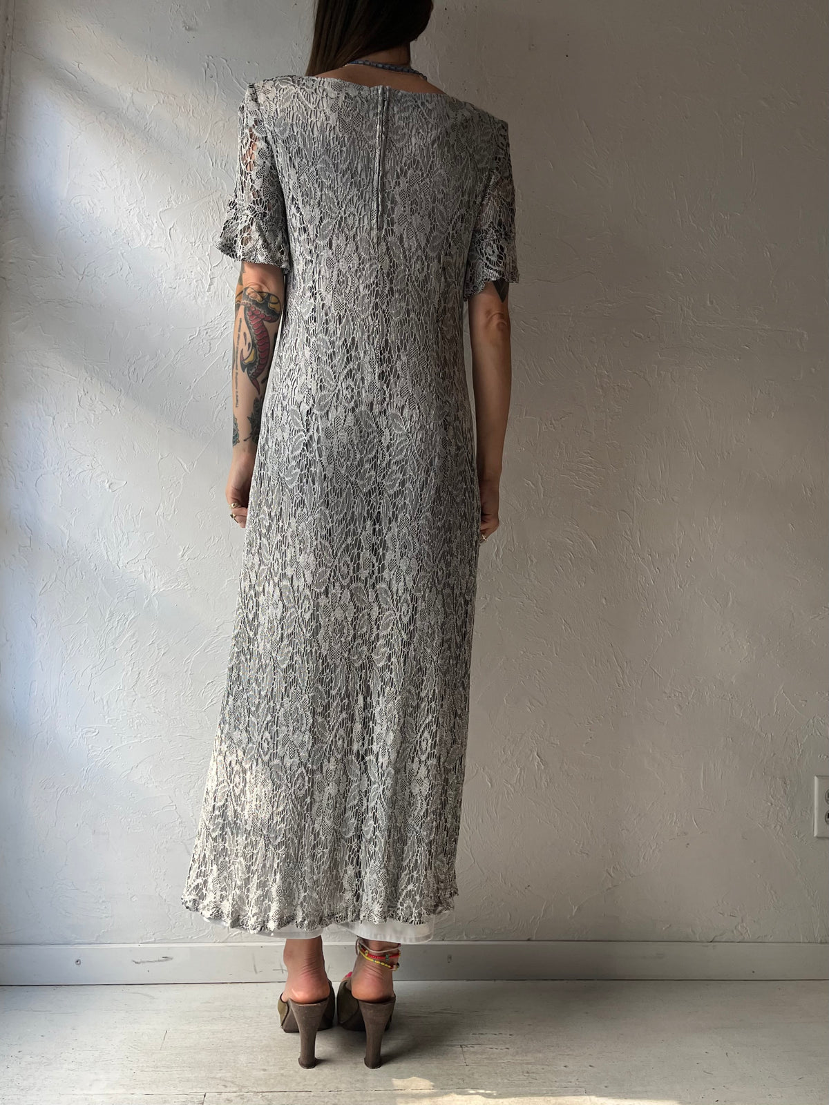 80s 'Michel Antoni' Silver Knit Floral Vintage Boho Romantic Evening Party Maxi Dress / Large