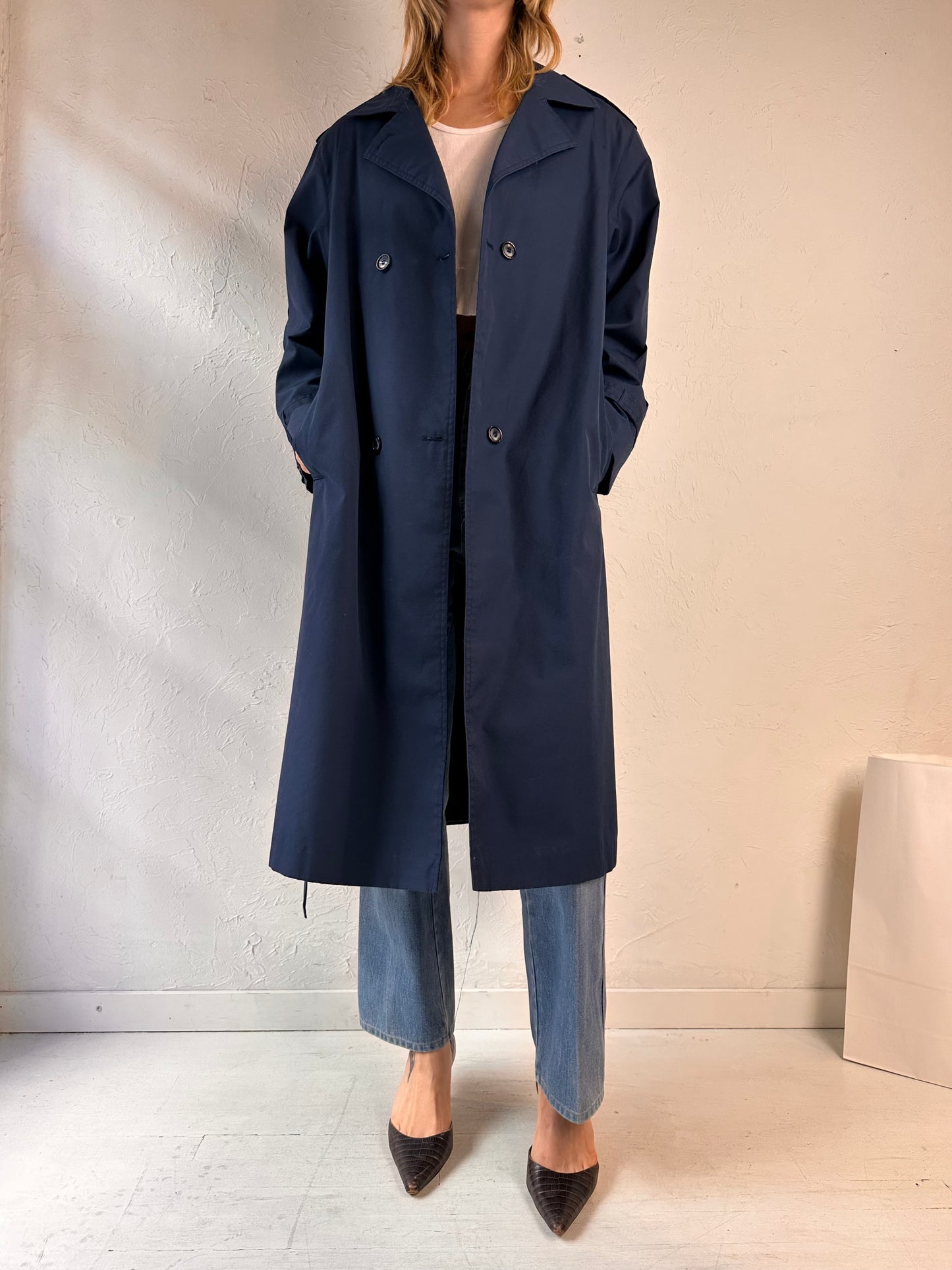 Vintage 'Career Chic' Navy Blue Lightweight Trench Coat / Large