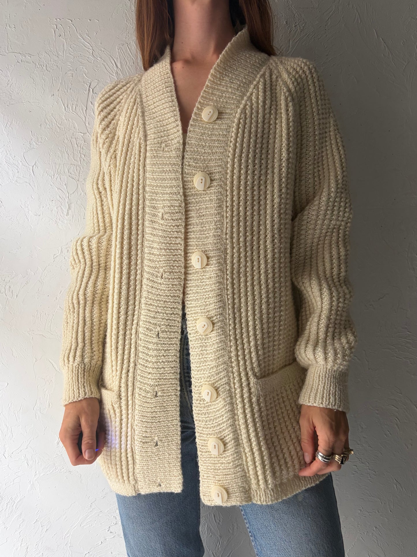 Vintage Cream Knit Acrylic Cottagecore Grannycore Cardigan Sweater / Medium