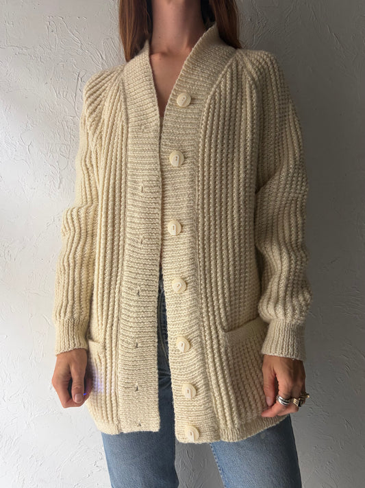Vintage Cream Knit Acrylic Cottagecore Grannycore Cardigan Sweater / Medium
