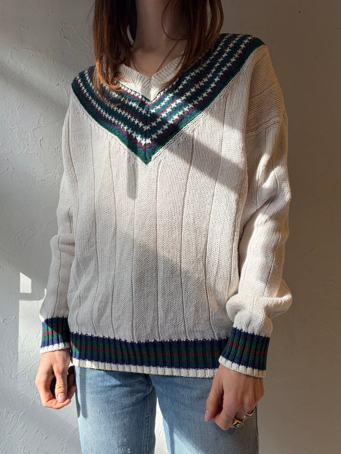 90s 'American Weekend' White V-Neck Sweater / Medium