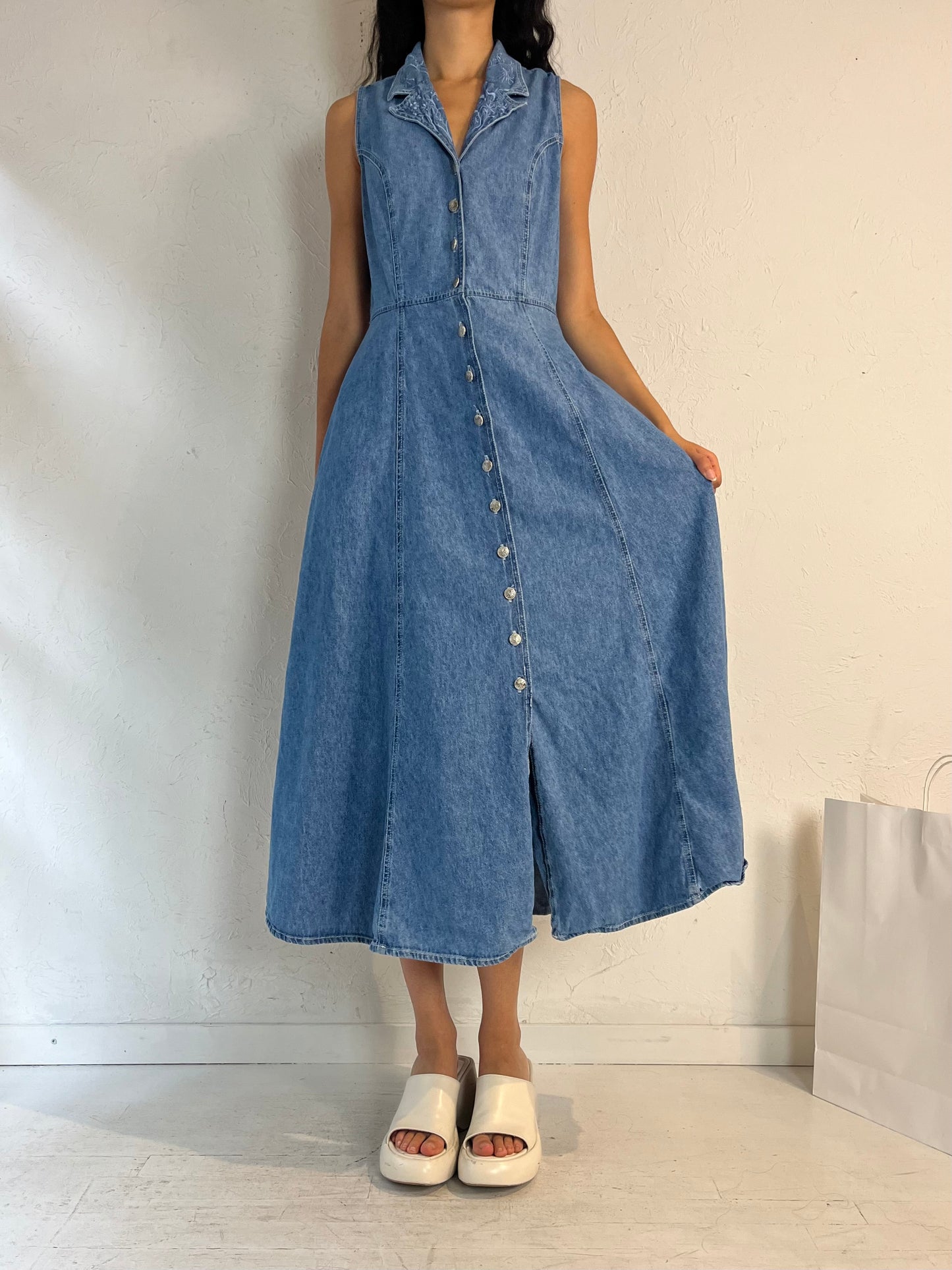 90s 'Cartise' Button Up Denim Maxi Dress / Medium