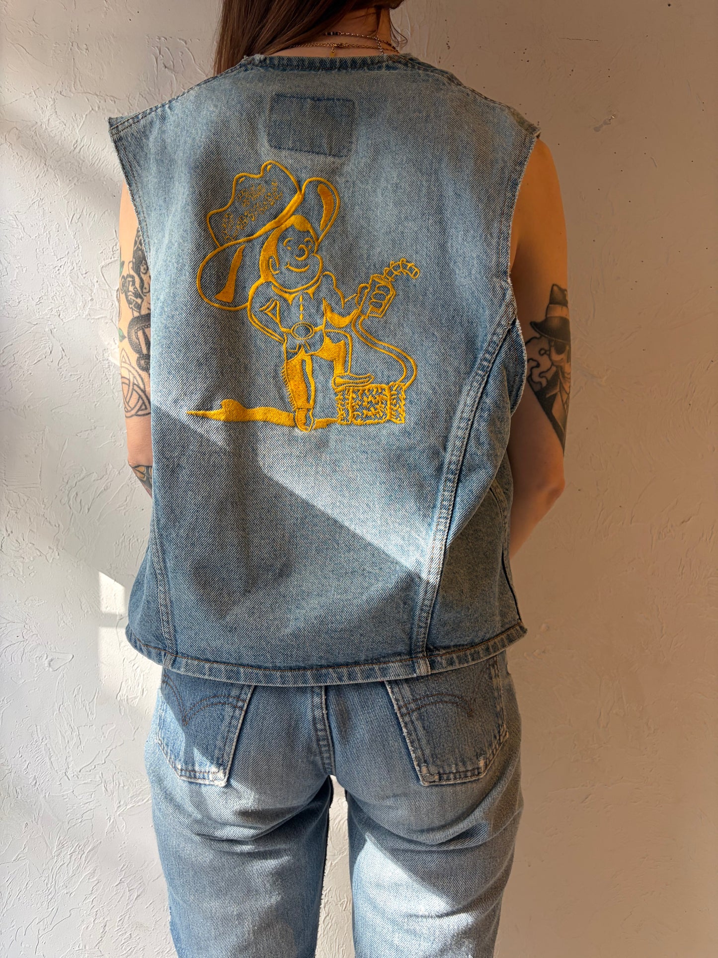 90s 'ID' Light Denim Embroidered Vest / Medium
