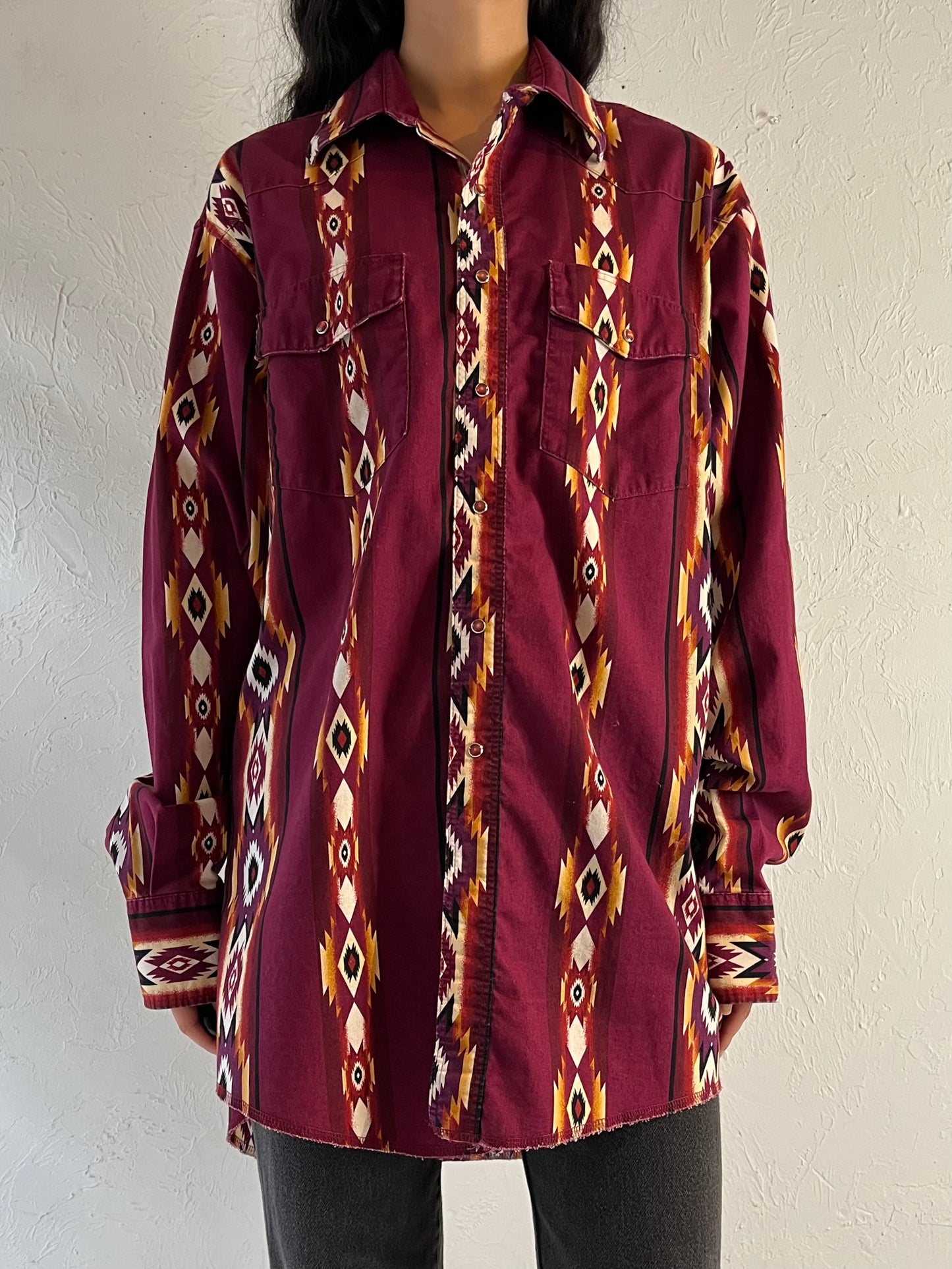 90s ‘Wrangler’ Burgundy Western Snap Up Shirt / XL