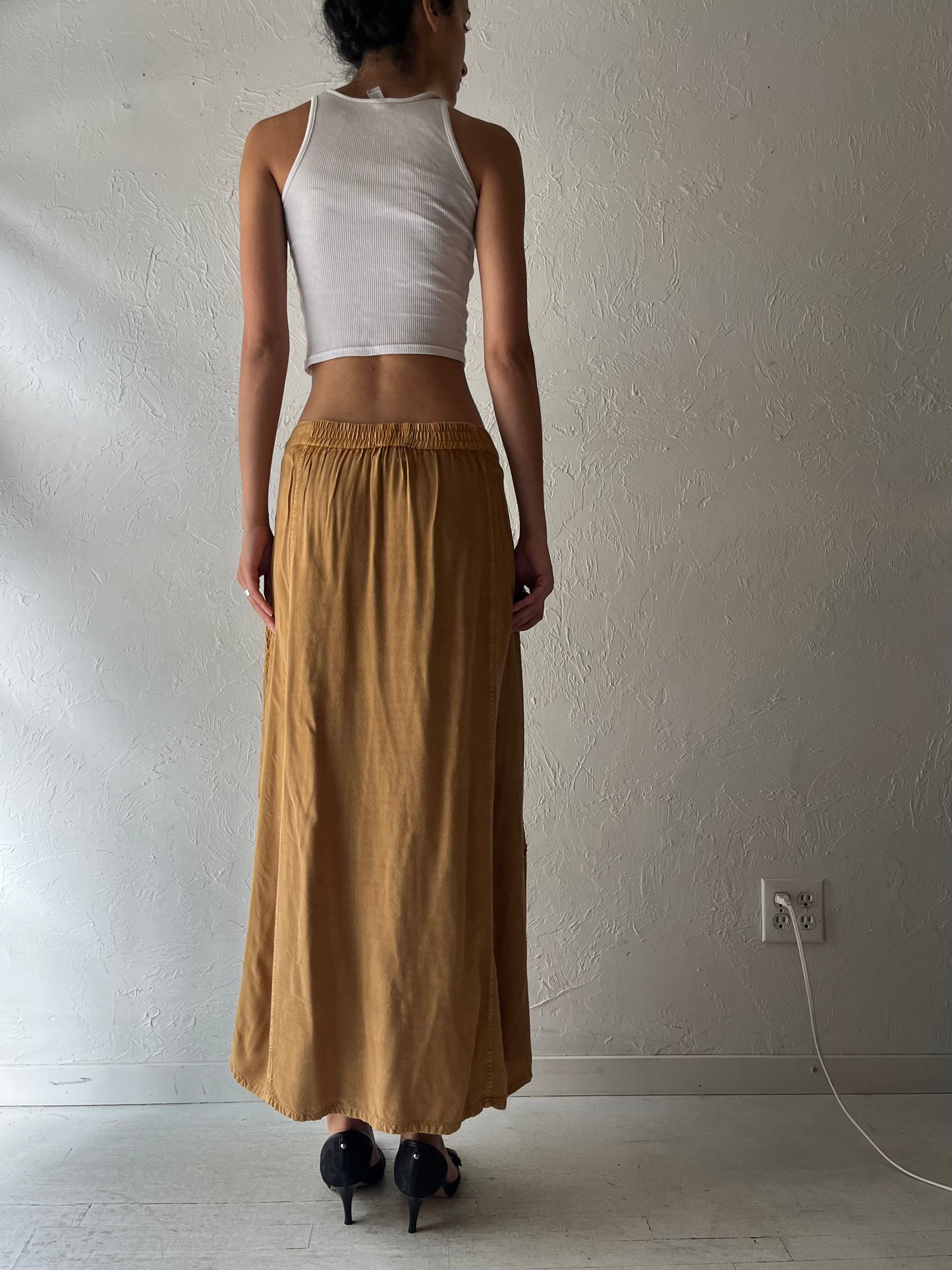Y2k 'Tradition Collection' Tan Embroidered Fairycore Maxi Skirt / Vintage 2000s Whimsical Boho Cottagecore Prairie Summer Skirt / Medium