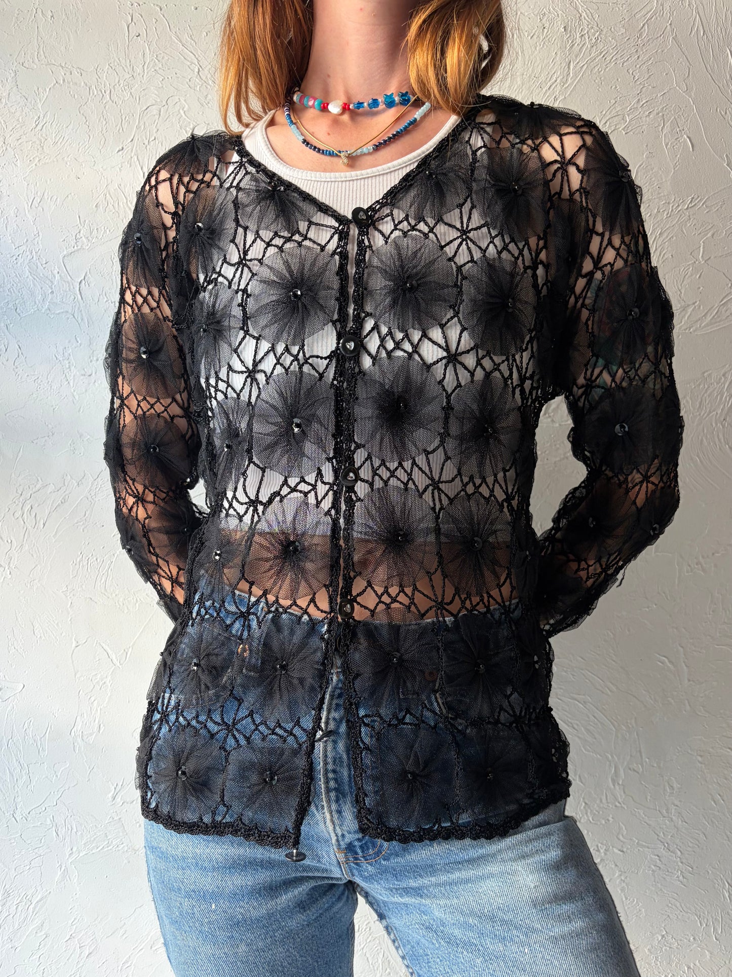 Vintage Black Crochet Mesh Cardigan / Small