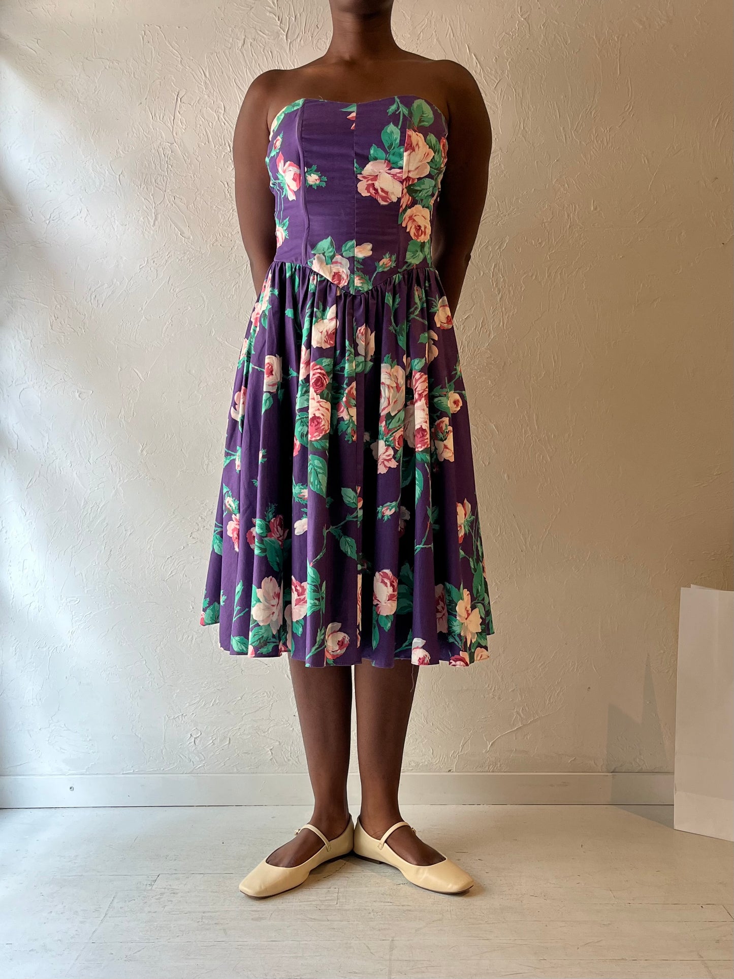 90s 'We Ltd' Purple Floral Print Strapless Dress / Small - Medium