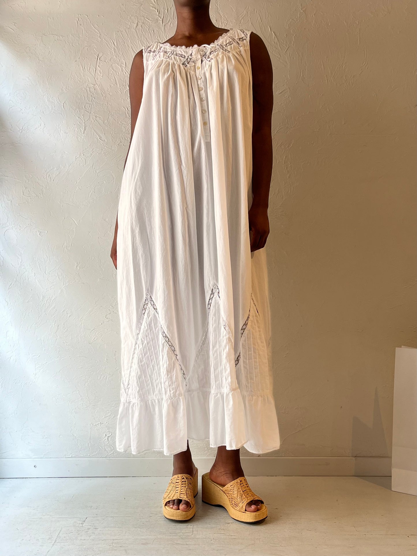 90s 'Eileen West' White Cotton Maxi Dress / Large