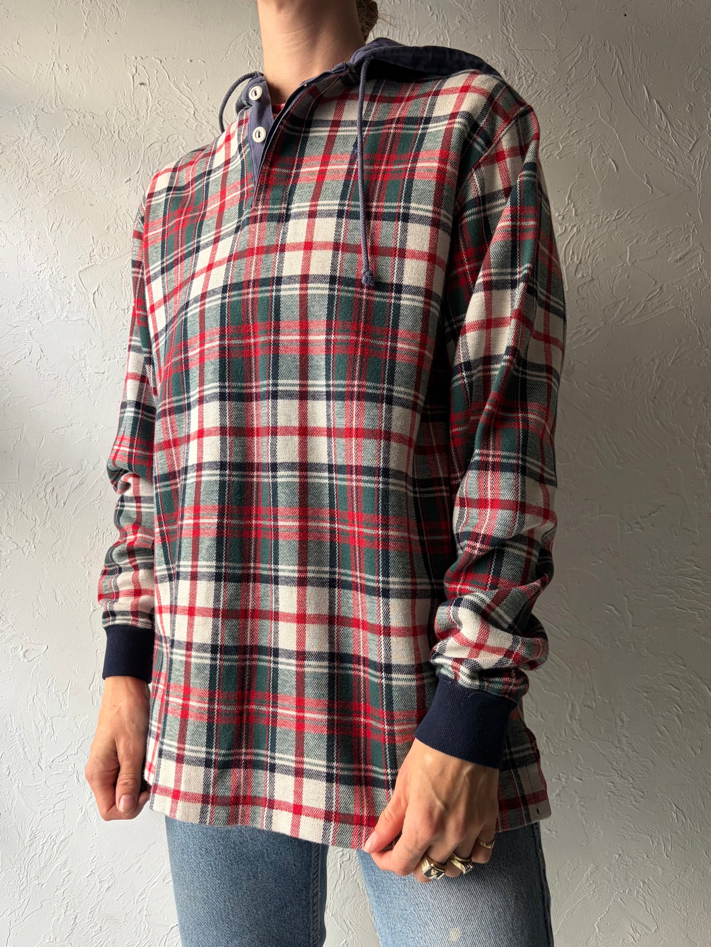 90s 'Polo Ralph Lauren' Plaid Cotton Grungecore Pullover Hooded Sweatshirt / Large