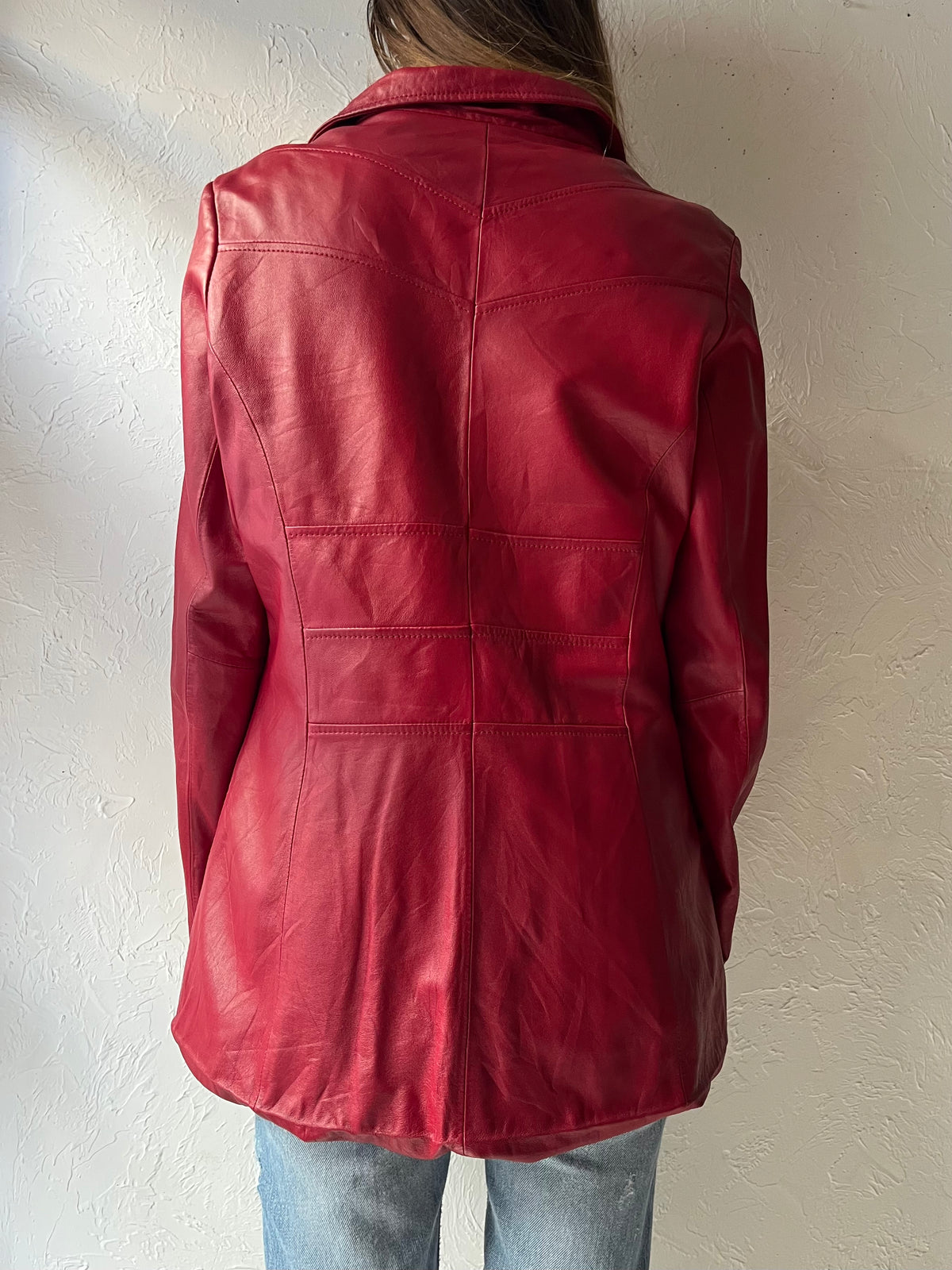 Y2k ‘Danier’ Raspberry Red Genuine Leather Longline Jacket / Medium